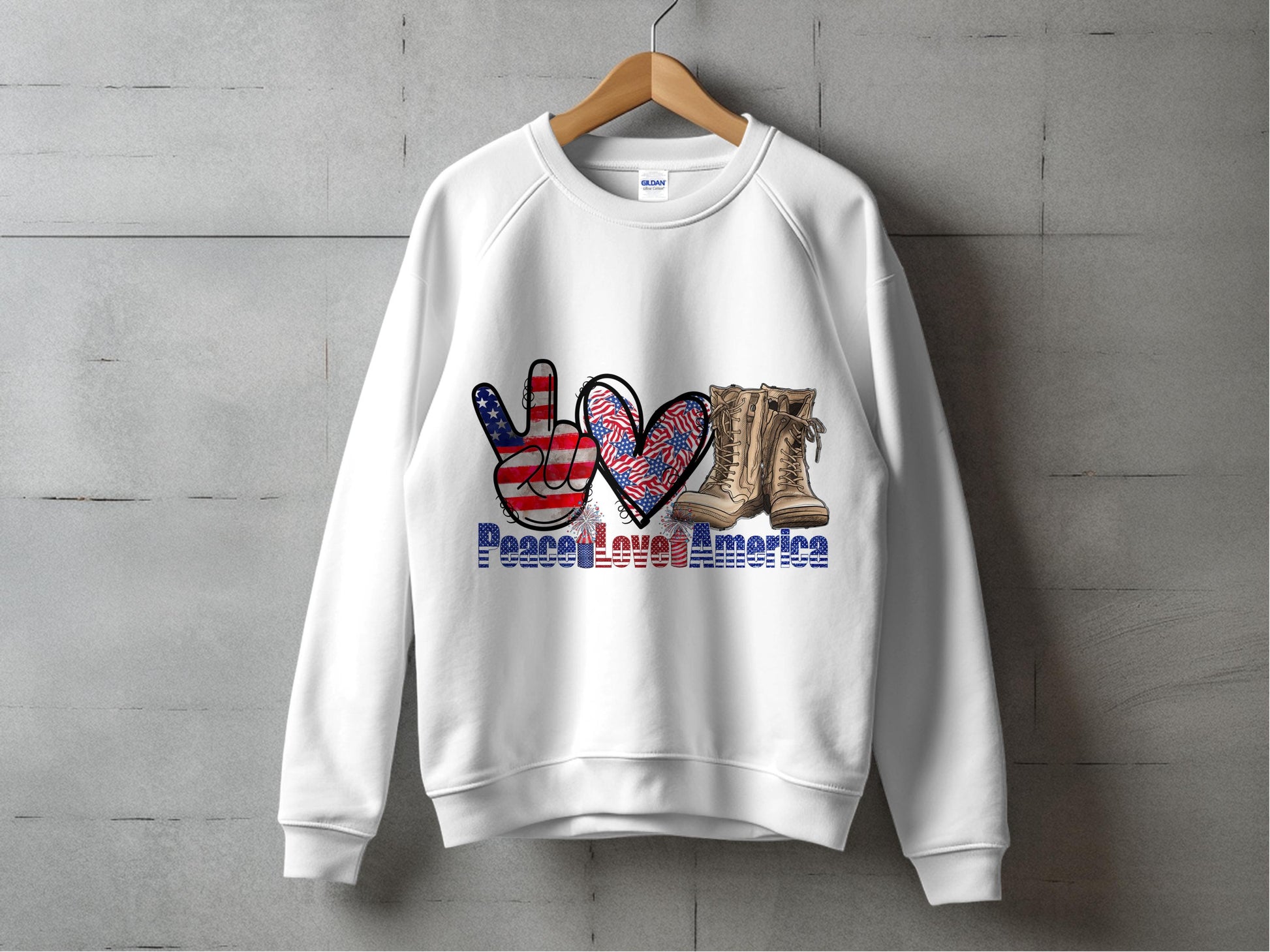 Patriotic Sweatshirt, American Flag Peace Sign, Heart Print, Military Boots Graphic, Unisex White Pullover, Casual Fashion Top