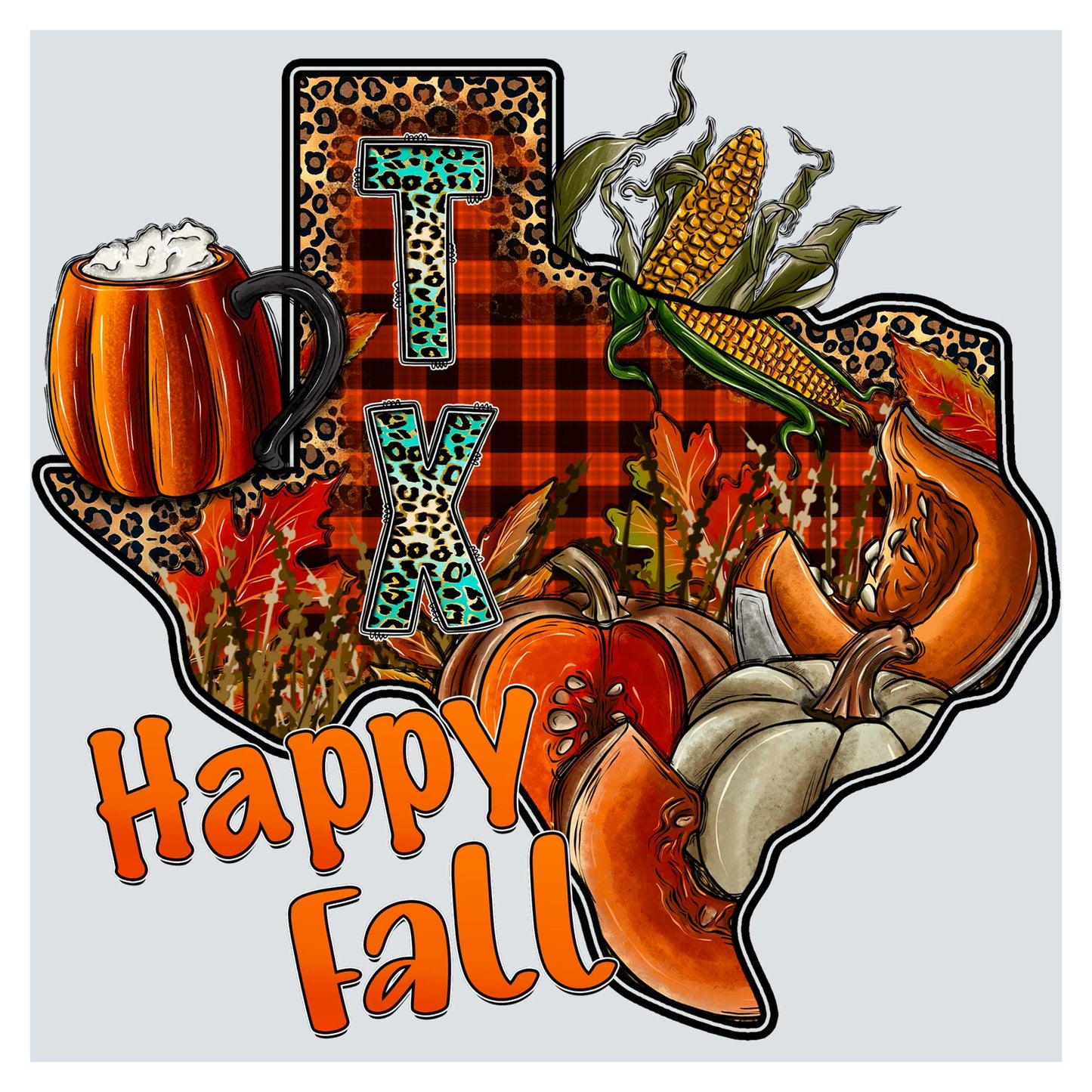 a drawing of a happy fall with pumpkins, corn on the cob,