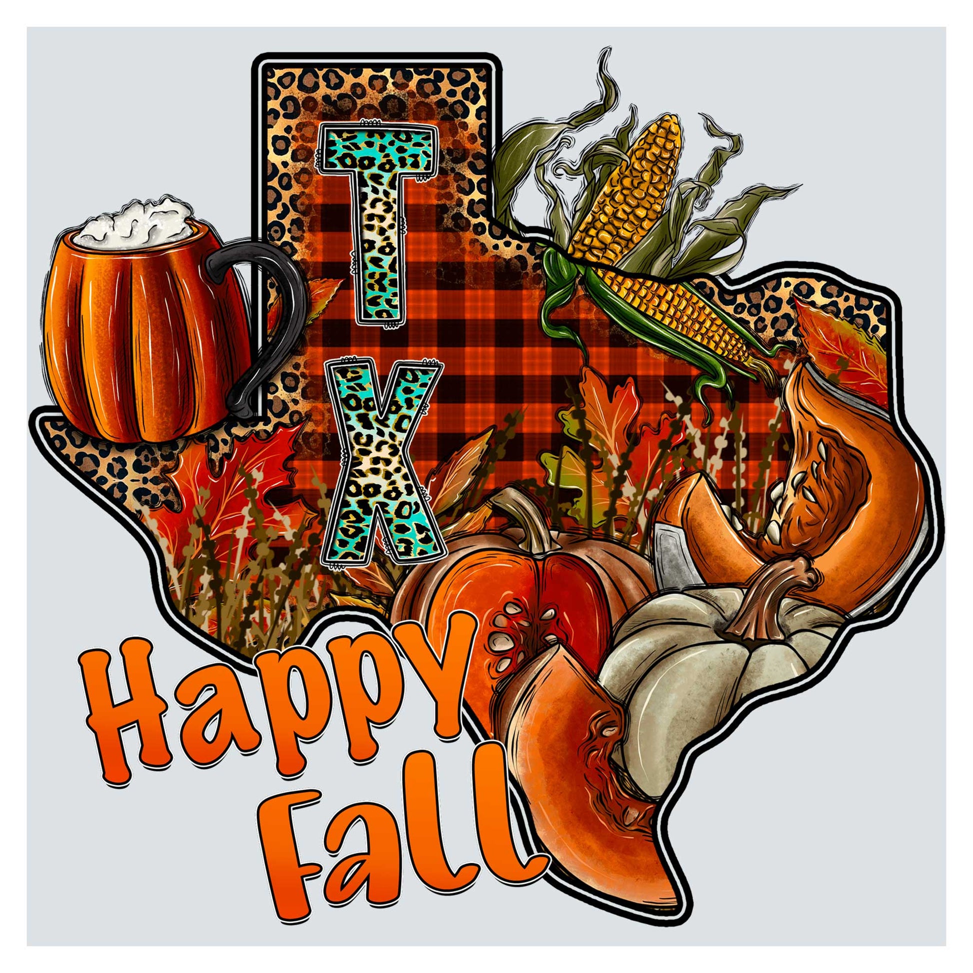 a drawing of a happy fall with pumpkins, corn on the cob,