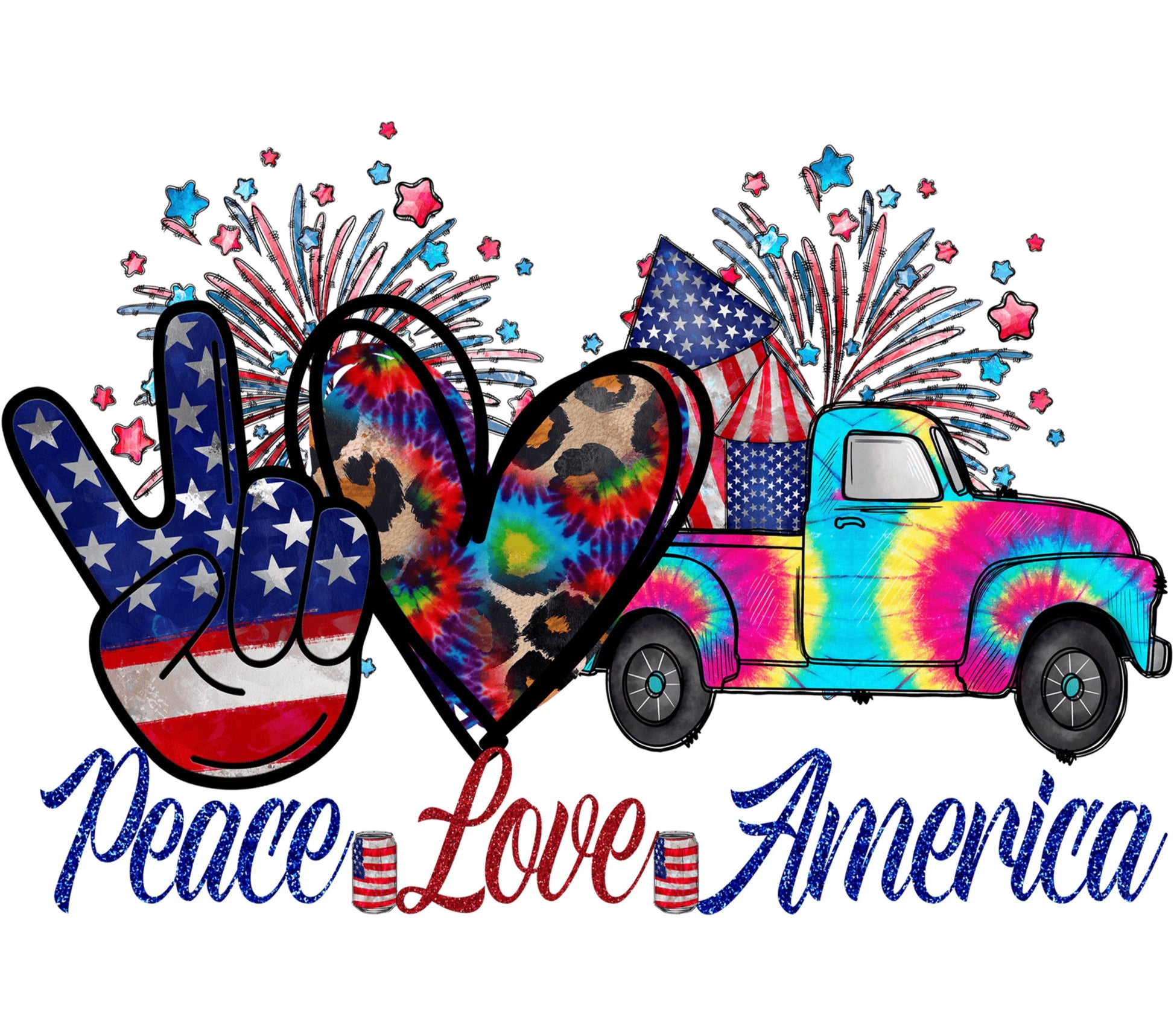 Peace Love America Patriotic Truck SVG, 4th of July Clipart, Tie-Dye Heart USA Flag, Digital Download, Independence Day Graphic Design