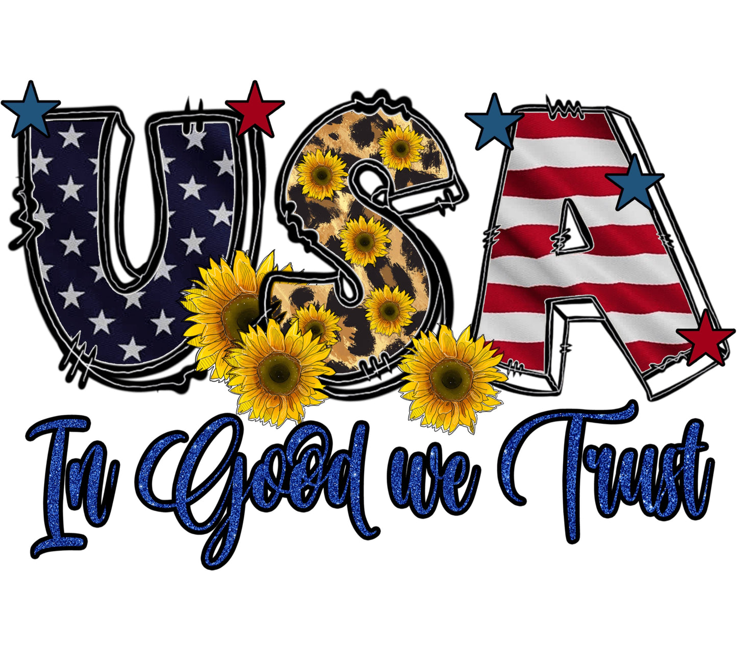 USA Patriotic Letter Decals, Sunflower and Flag Design, 'In God We Trust' Sticker Vinyl