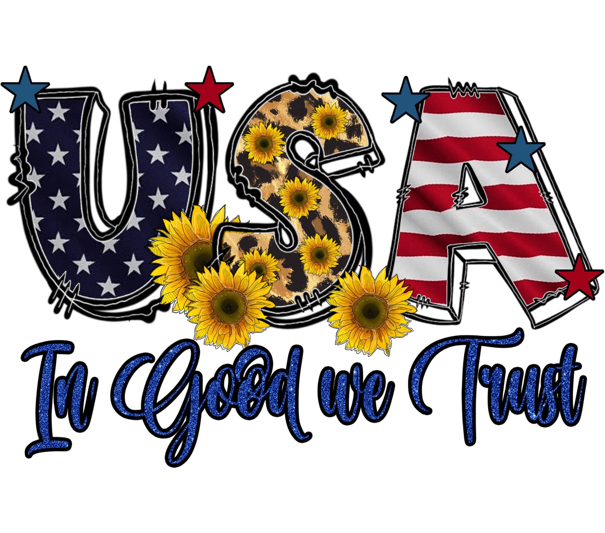 USA Patriotic Letter Decals, Sunflower and Flag Design, 'In God We Trust' Sticker Vinyl