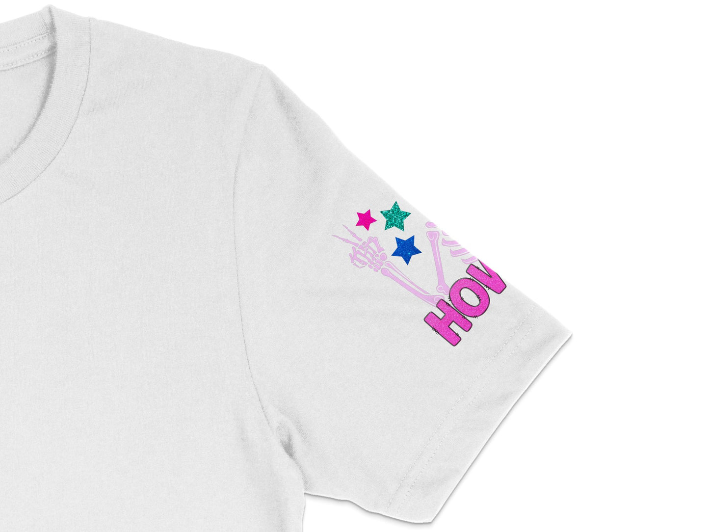 White T-Shirt with Pink 'How' Text and Colorful Stars Embroidery, Casual Fashion Top