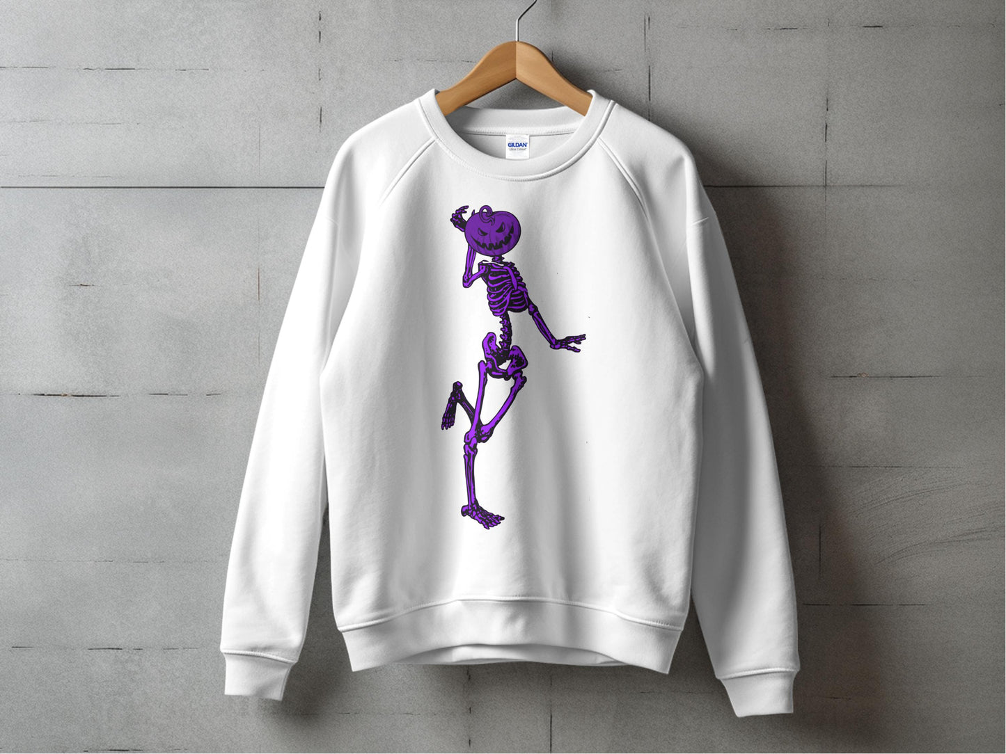 Purple Skeleton Graphic Sweatshirt, Cool Hip Halloween Casual Unisex Crewneck Pullover for Men and Women