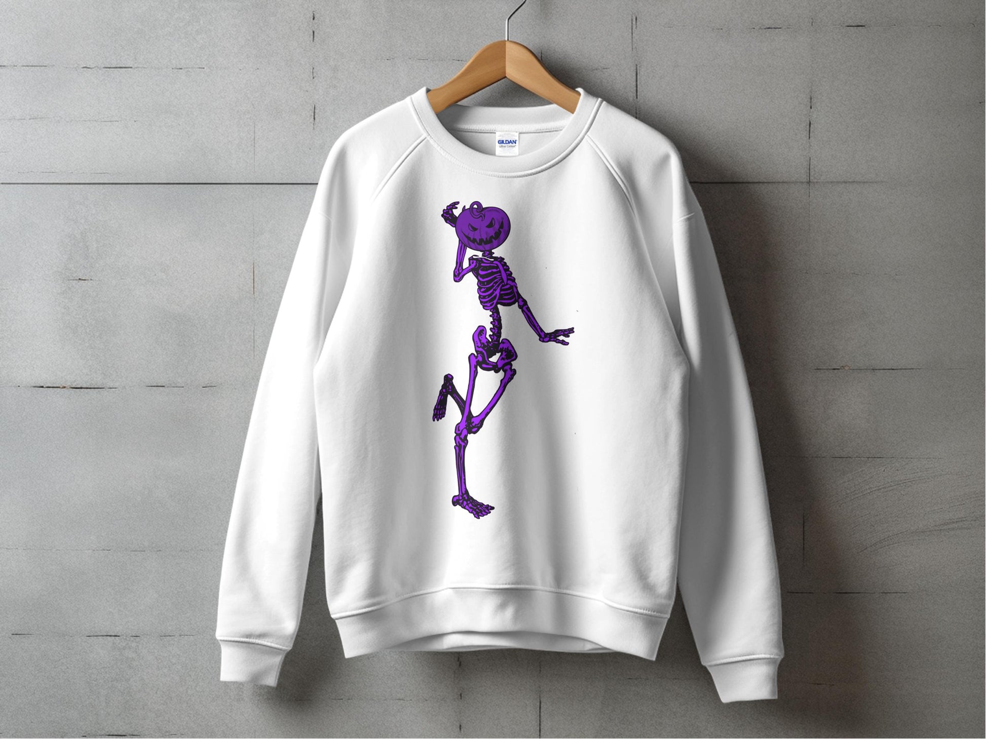 Purple Skeleton Graphic Sweatshirt, Cool Hip Halloween Casual Unisex Crewneck Pullover for Men and Women