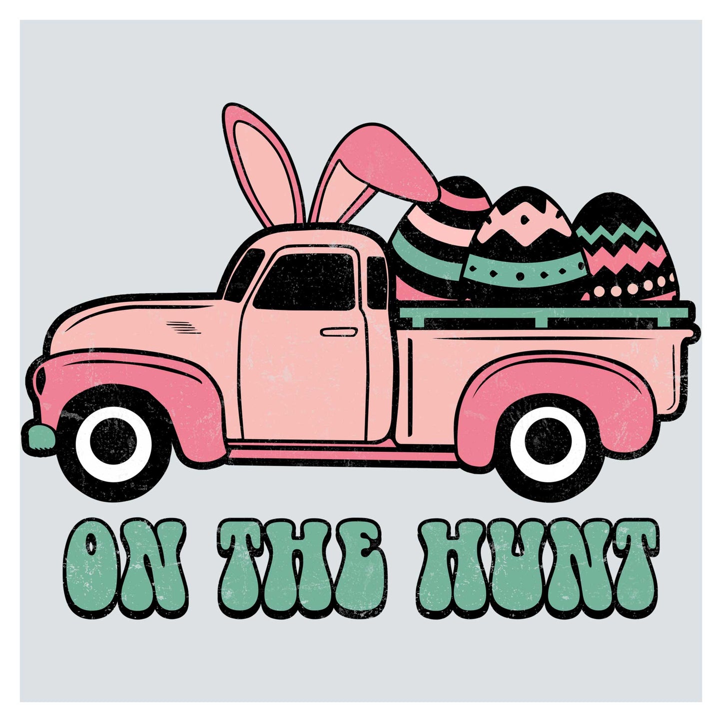 a pink truck with an easter egg in the back