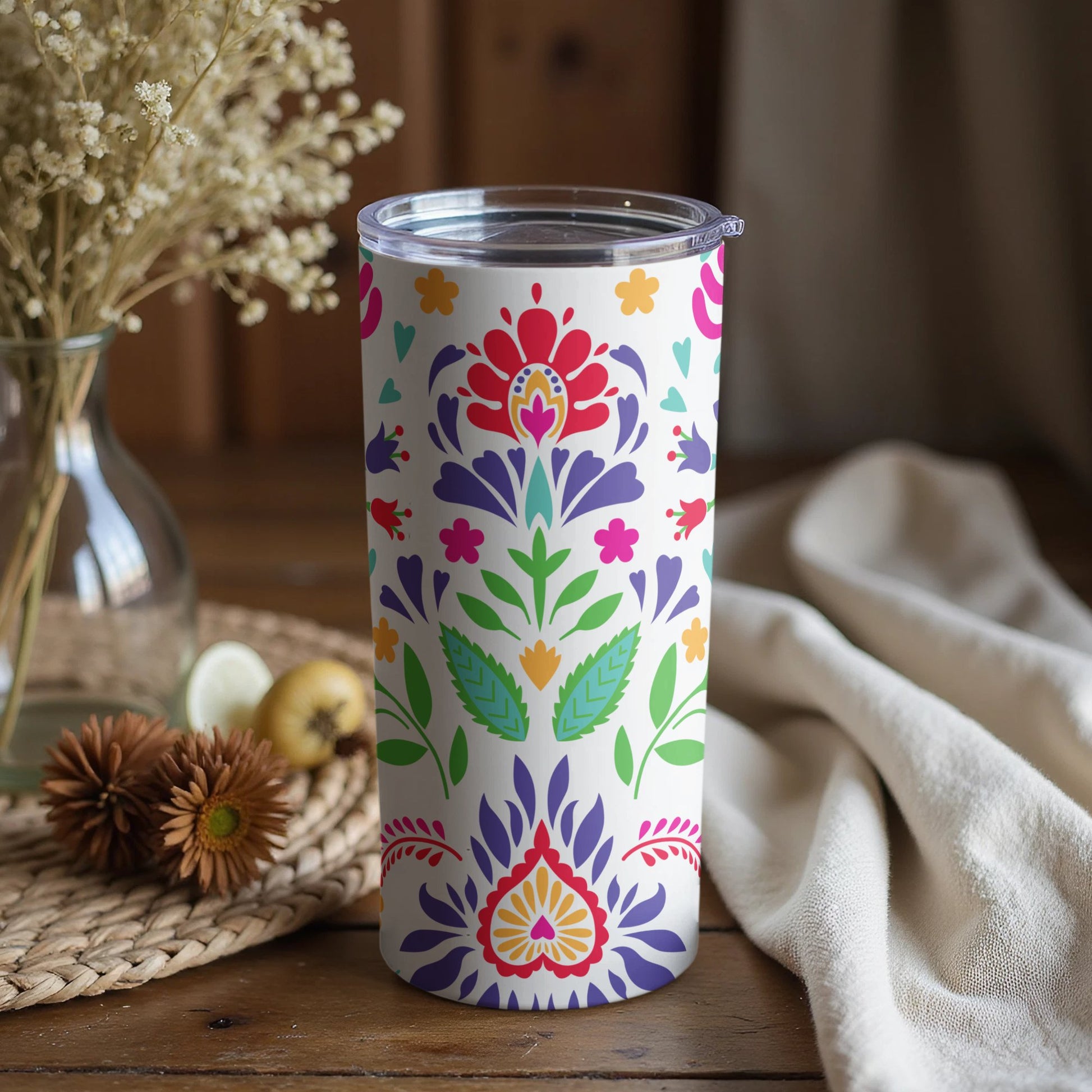 Colorful Floral Tumbler, Insulated Coffee Cup, Travel Mug, Gift for Her, Botanical Pattern, Eco-Friendly Drinkware