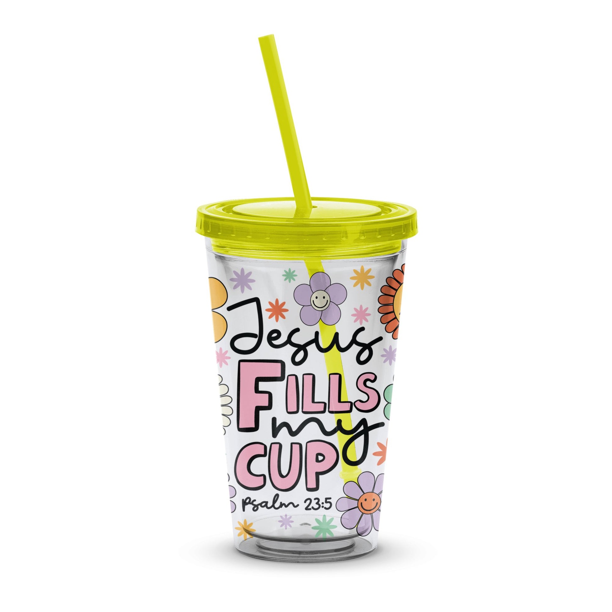 Joy Fills My Cup Psalm 23:5 Inspirational Quote Tumbler with Straw, Floral Christian Gift Drinkware, Colorful Religious Tumbler for Women
