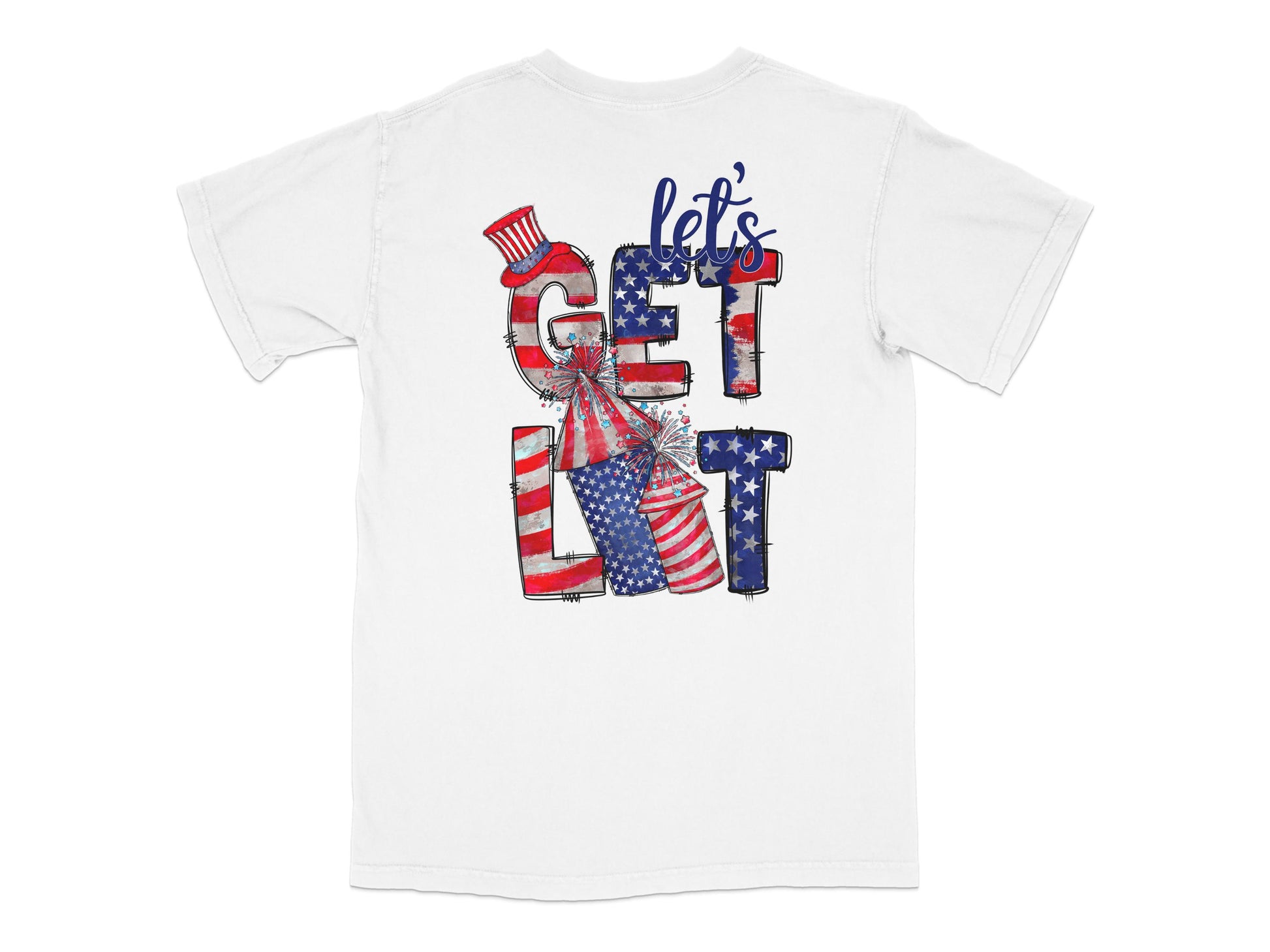 Patriotic T-Shirt Let's Get Lit USA Flag Fireworks 4th of July Independence Day Celebration Tee