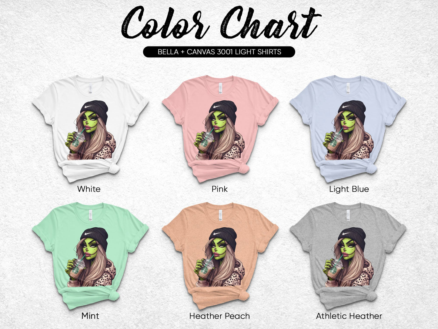 Bella Canvas 3001 T-Shirt Color Chart, Hipster Woman Drinking Coffee Design, Various Colors Available