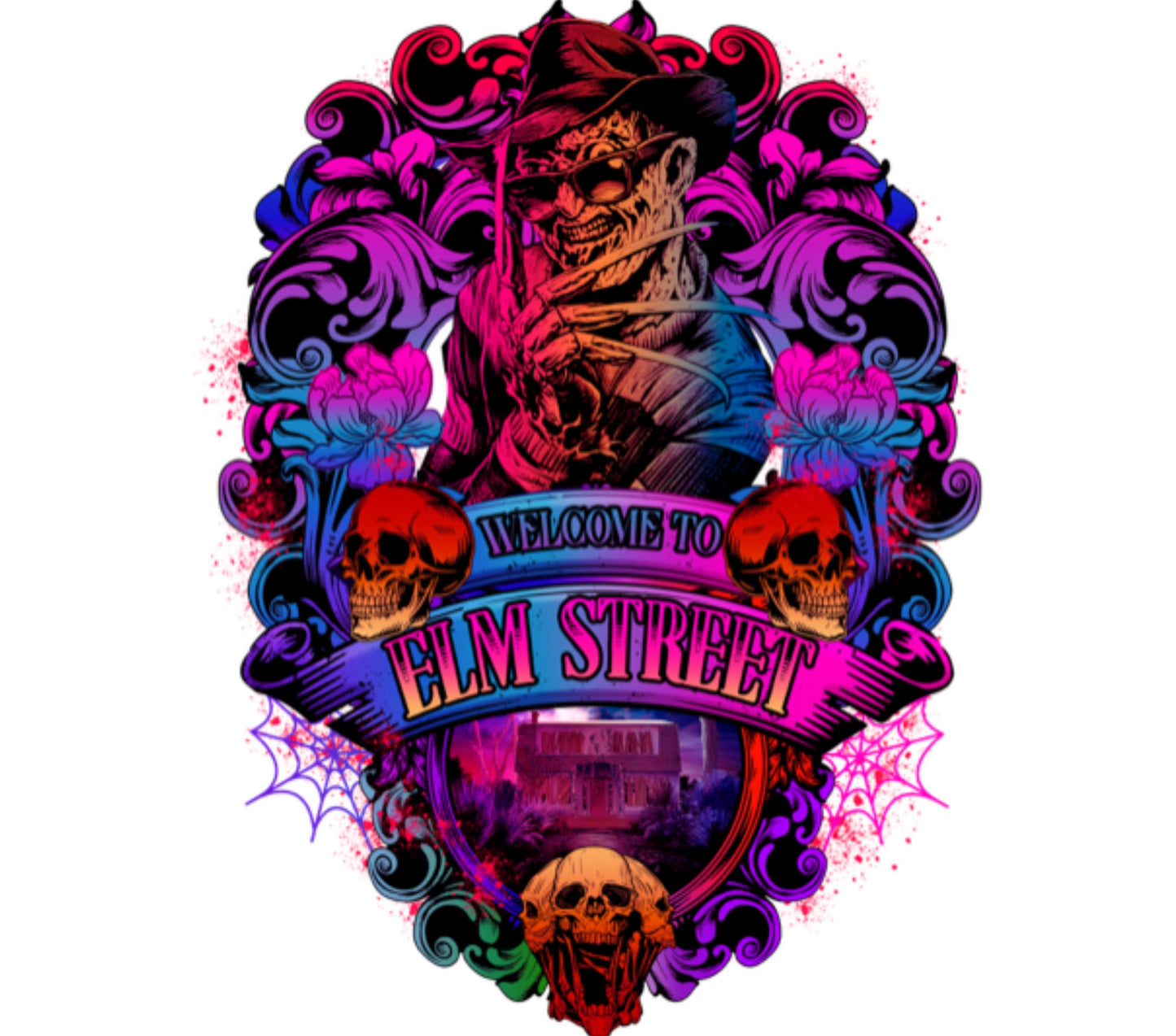 Elm Street Inspired Skull and Roses Graphic T-Shirt, Colorful Horror Movie Fan Apparel