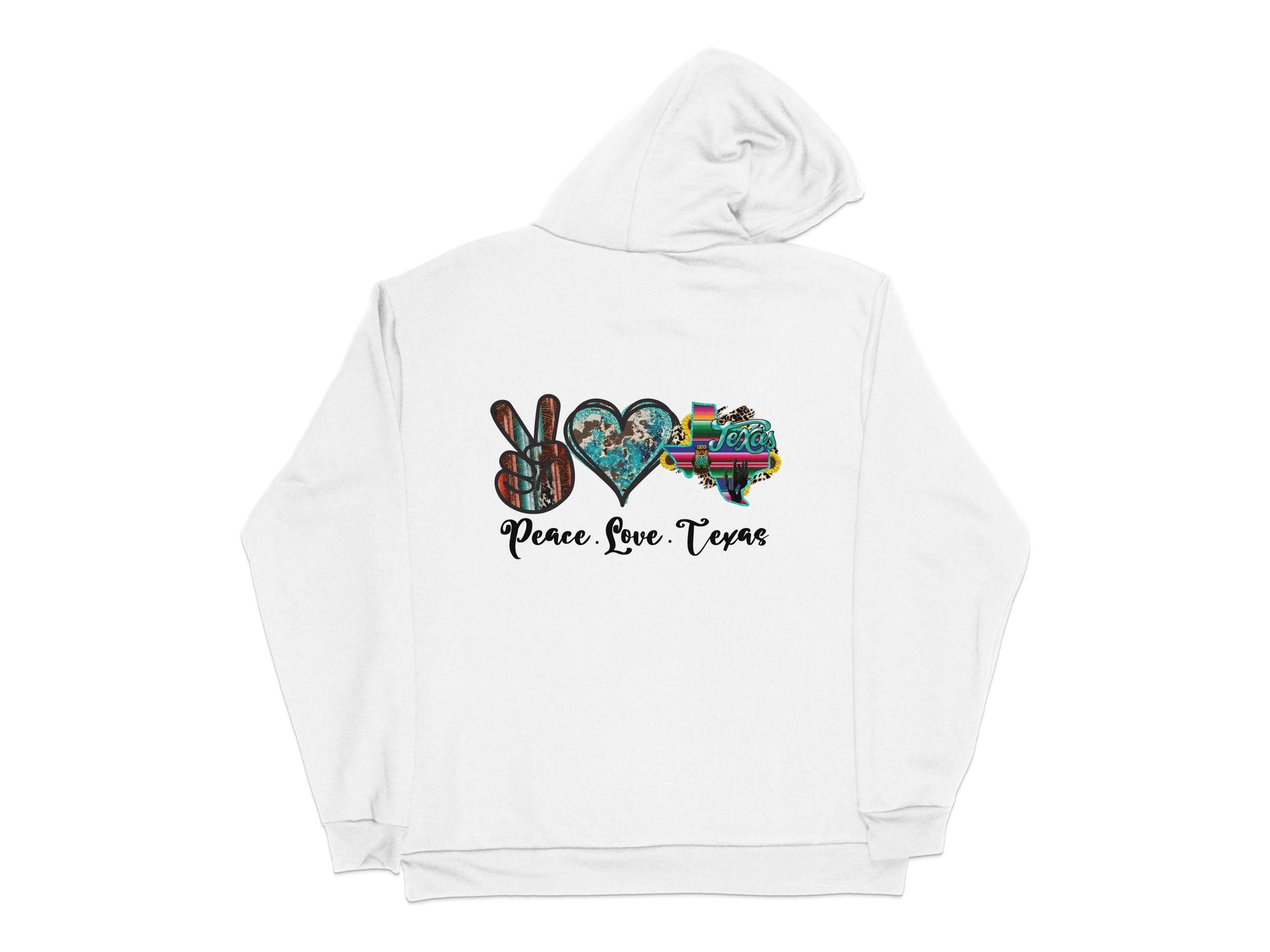 Peace Love Texas Graphic Hoodie, Colorful Letter Print, Unisex White Sweatshirt