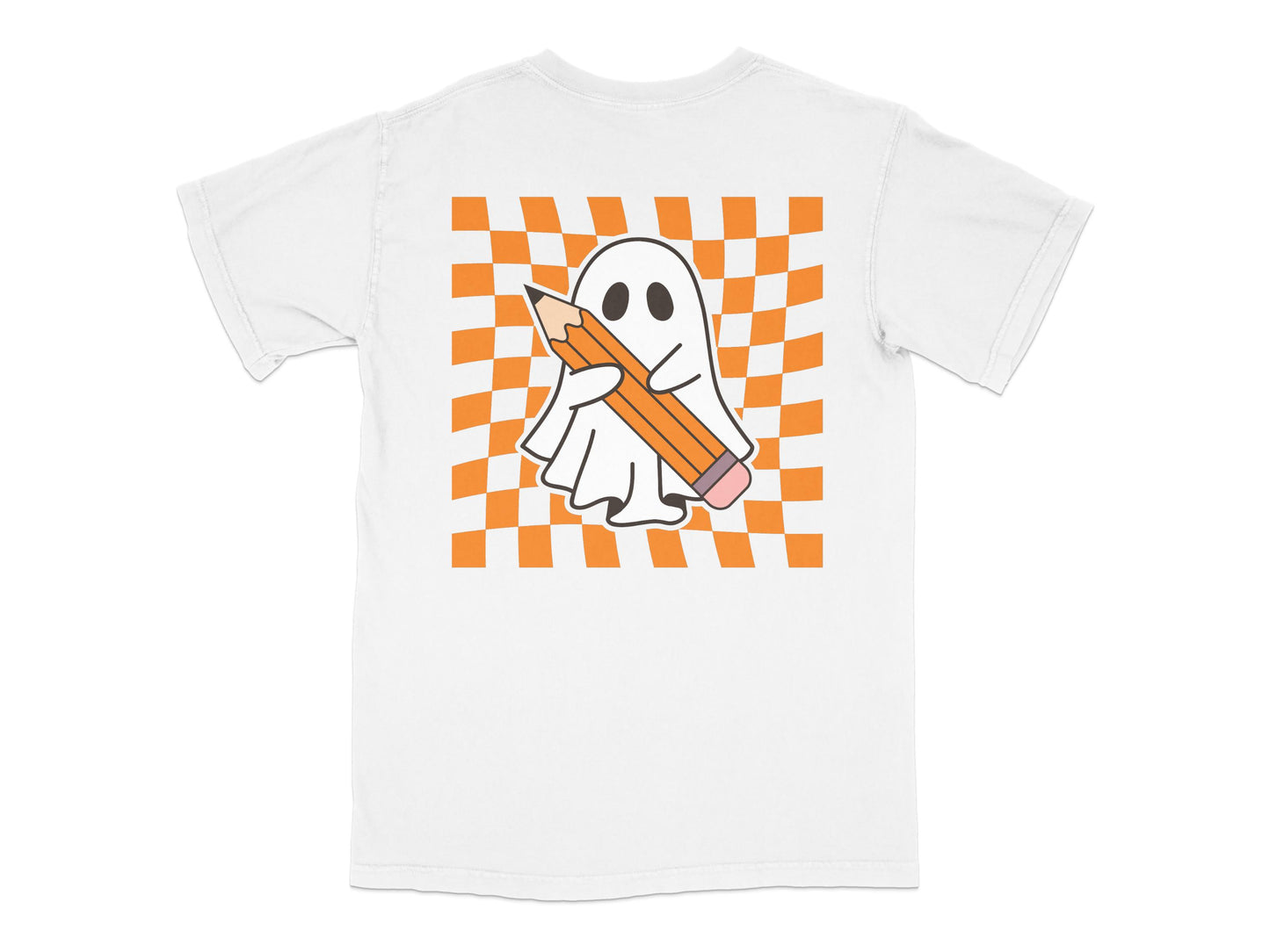 Cute Ghost Graphic T-Shirt, Orange Pencil Design, Kids Unisex Summer Casual Top, White Tee