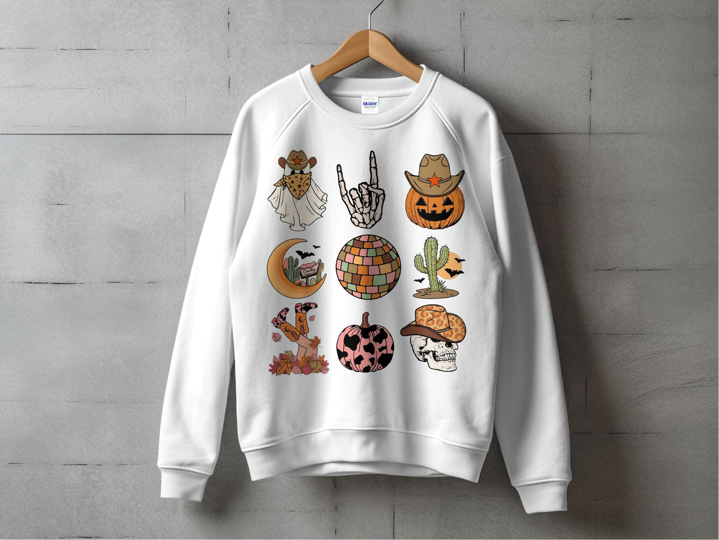 Halloween Themed Sweatshirt, White Crewneck with Cute Pumpkin and Ghost Designs for Fall