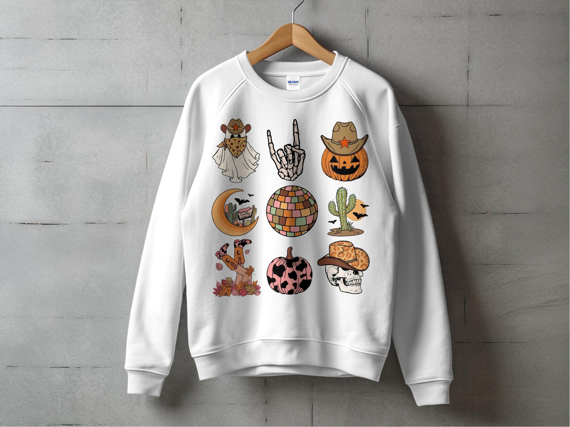Halloween Themed Sweatshirt, White Crewneck with Cute Pumpkin and Ghost Designs for Fall