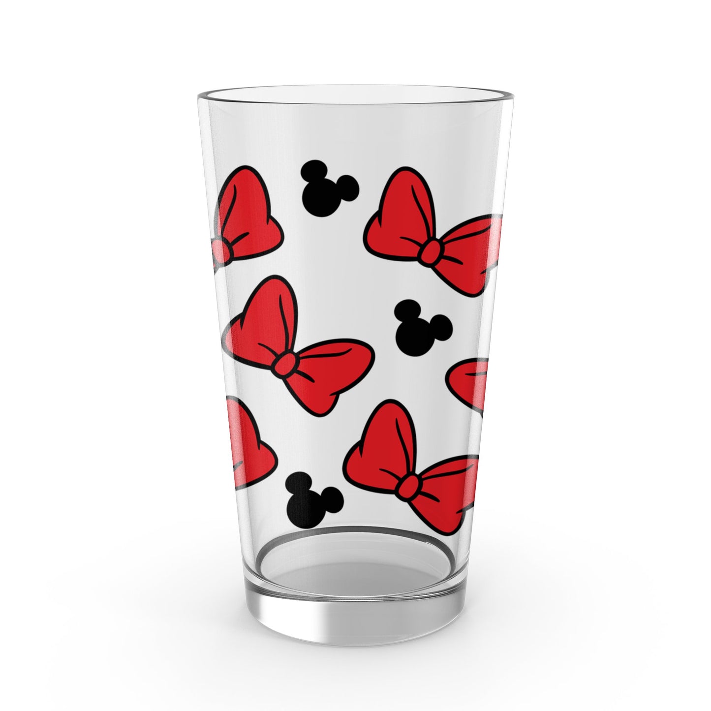 Red Bow and Mickey Head Pattern Glass Tumbler, Disney Inspired Drinkware, Cute Cartoon Themed Kitchen Decor, Gift Idea