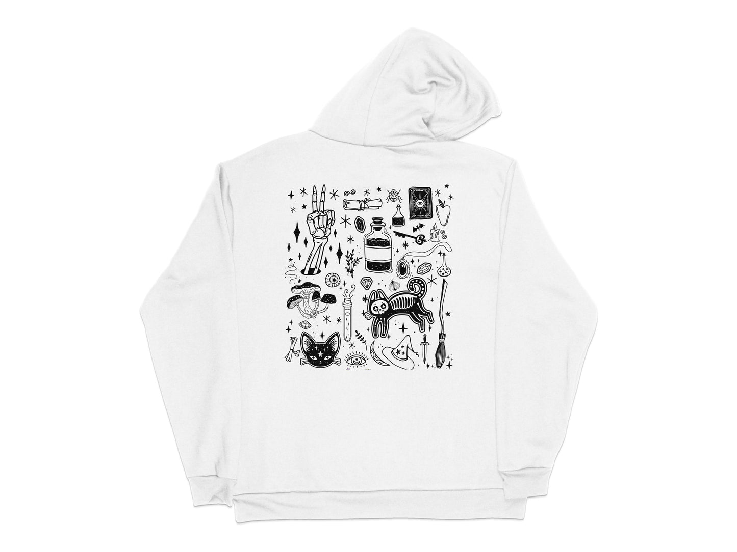White Hoodie with Abstract Black Art Design, Unisex Casual Streetwear, Unique Graphic Sweatshirt