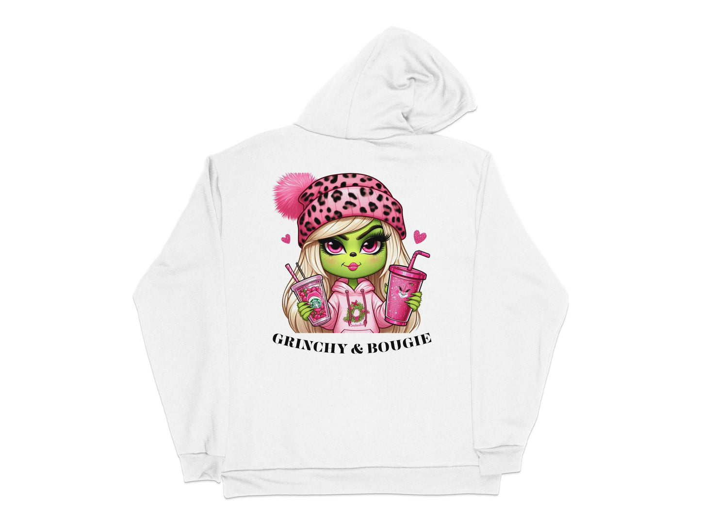 Cute Grinchy and Bougie Graphic Hoodie, Pink Leopard Print, Green Monster, Trendy Streetwear, Unisex Clothing, Gift Idea