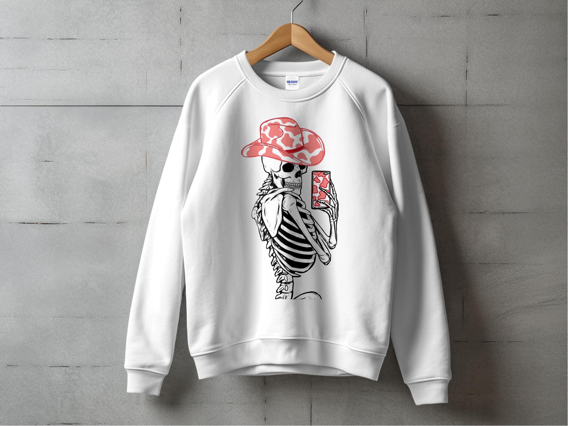 Trendy White Sweatshirt with Skeleton Print, Red Hat Graphic, Casual Streetwear Pullover, Unisex Fashion Top
