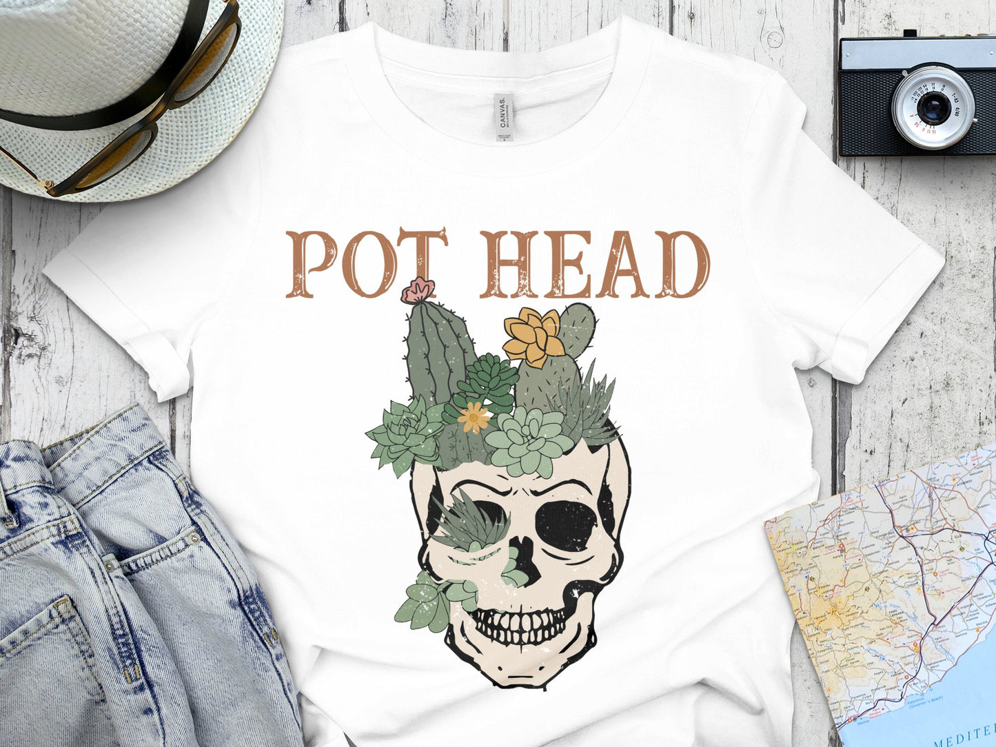 'Pot Head' Skull Graphic T-Shirt, Floral Cactus Design, Unisex Casual Streetwear Tee, Boho Chic Style Top