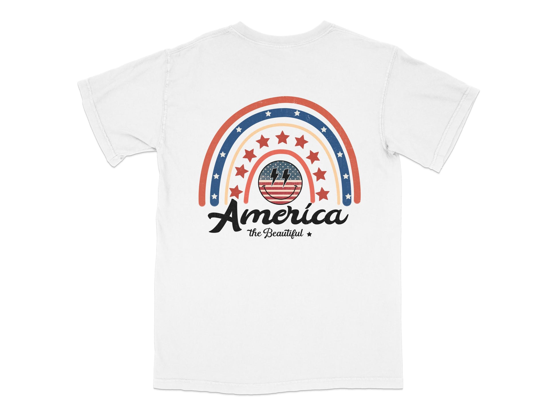 America The Beautiful Patriotic Rainbow T-Shirt, Stars, Stripes, USA, Unisex White Tee