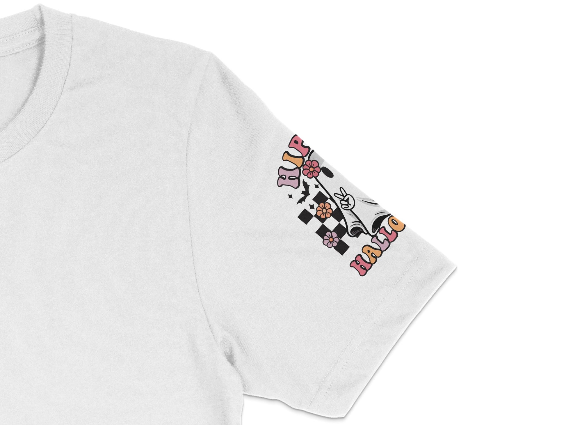 White T-Shirt with Colorful Abstract Sleeve Print, Casual Wear Unisex Graphic Tee
