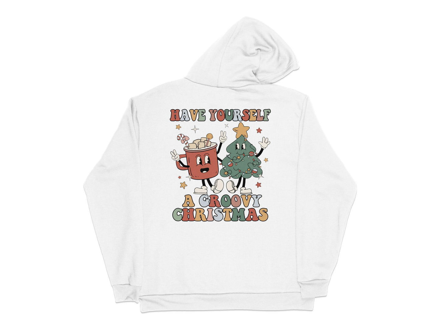 'Have Yourself a Groovy Christmas' Hoodie, Festive Holiday Sweatshirt, Cartoon Christmas Tree and Coffee Mug Design, Unisex Winter Apparel