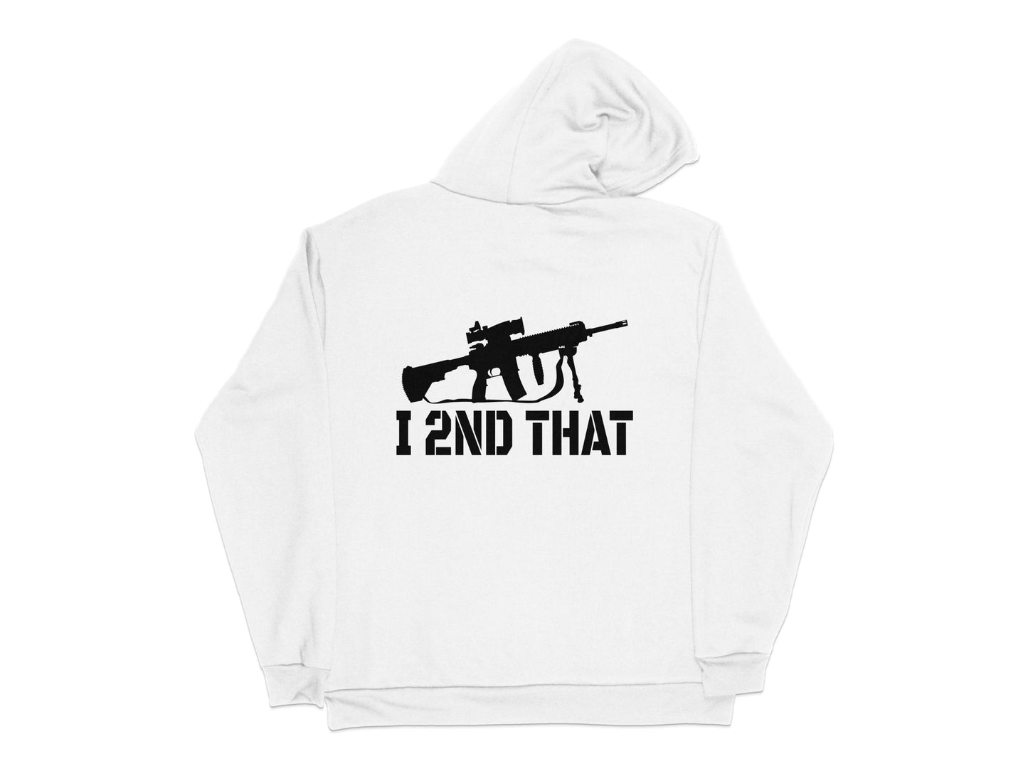 White Hoodie with Black Silhouette Rifle Graphic 'I END THAT' Text, Unisex Pullover Sweatshirt