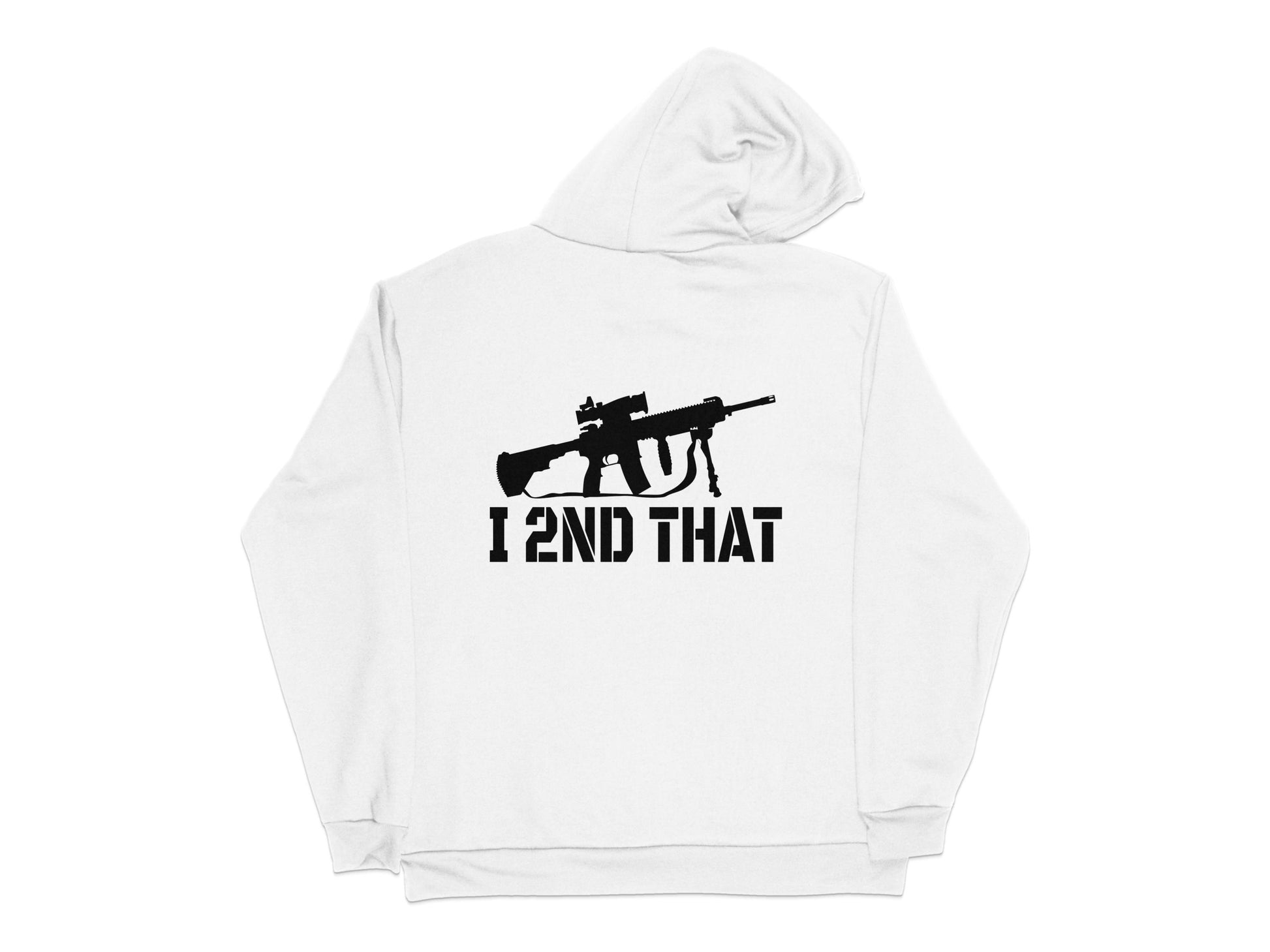 White Hoodie with Black Silhouette Rifle Graphic 'I END THAT' Text, Unisex Pullover Sweatshirt
