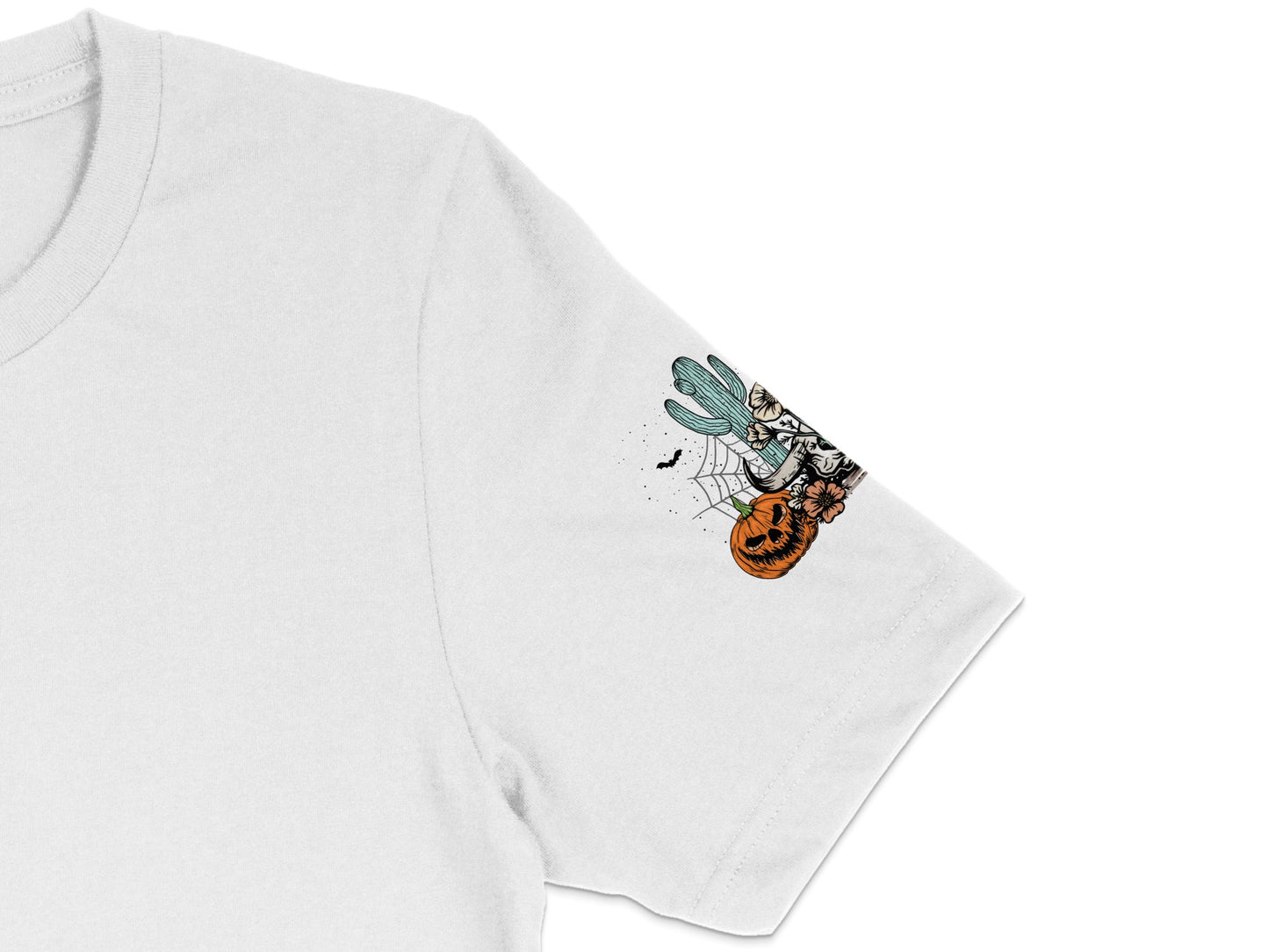 White T-Shirt with Halloween Witch and Pumpkin Graphic, Casual Fall Fashion, Unisex Cotton Tee