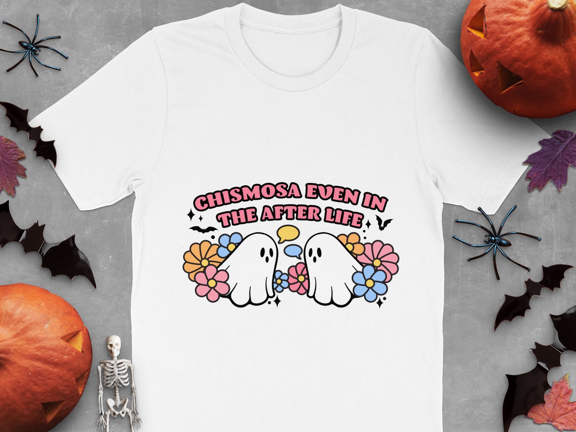 Chismosa Even in the Afterlife Ghost T-Shirt, Cute Halloween Graphic Tee, Floral Ghosts, Women's Spooky Casual Wear
