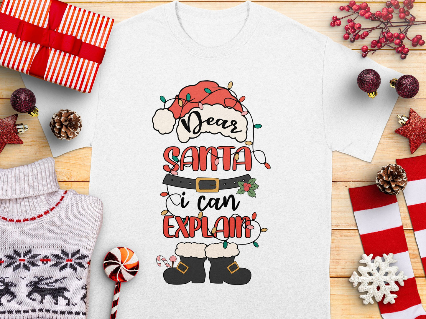 Dear Santa I Can Explain Christmas T-Shirt, Funny Holiday Tee, Festive Winter Apparel for Adults