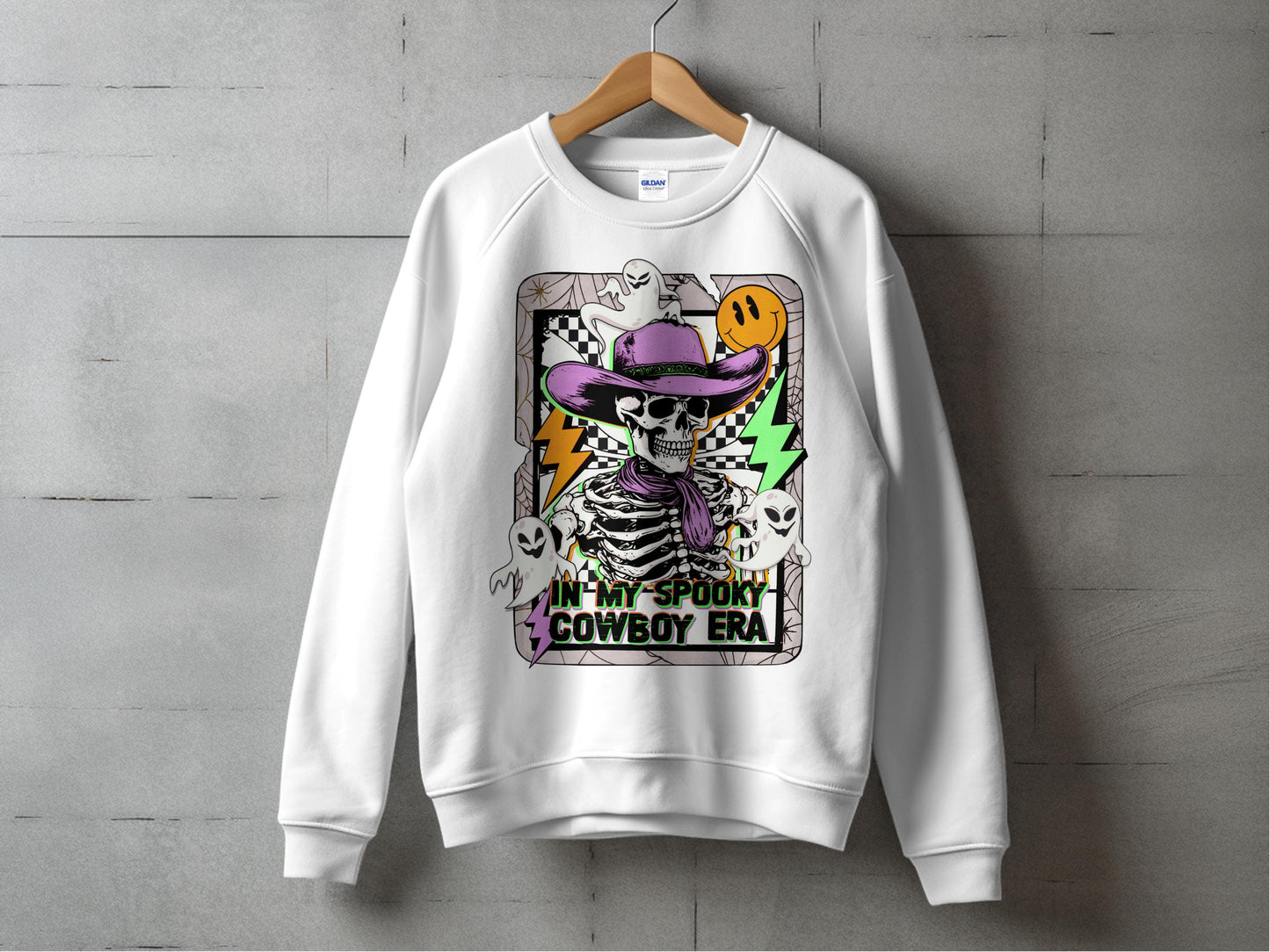 Spooky Skeleton Cowboy Era Sweatshirt, Halloween Graphic Pullover, Unisex Casual Fall Clothing, Unique Gift Idea