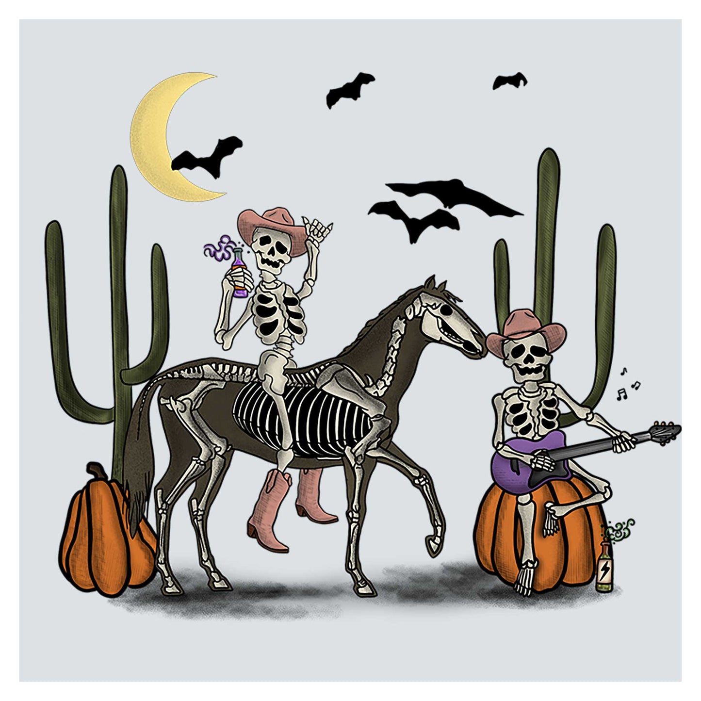 a skeleton riding a horse next to a skeleton on a pumpkin