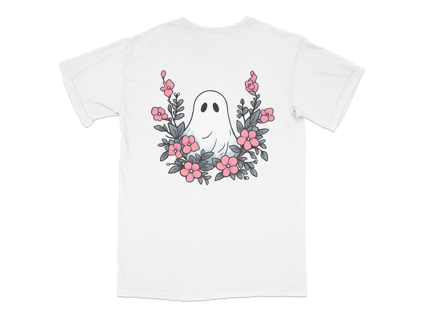 Cute Ghost Graphic T-Shirt, Floral Pattern, Unisex White Tee, Casual Summer Outfit, Unique Ghost Illustration Shirt