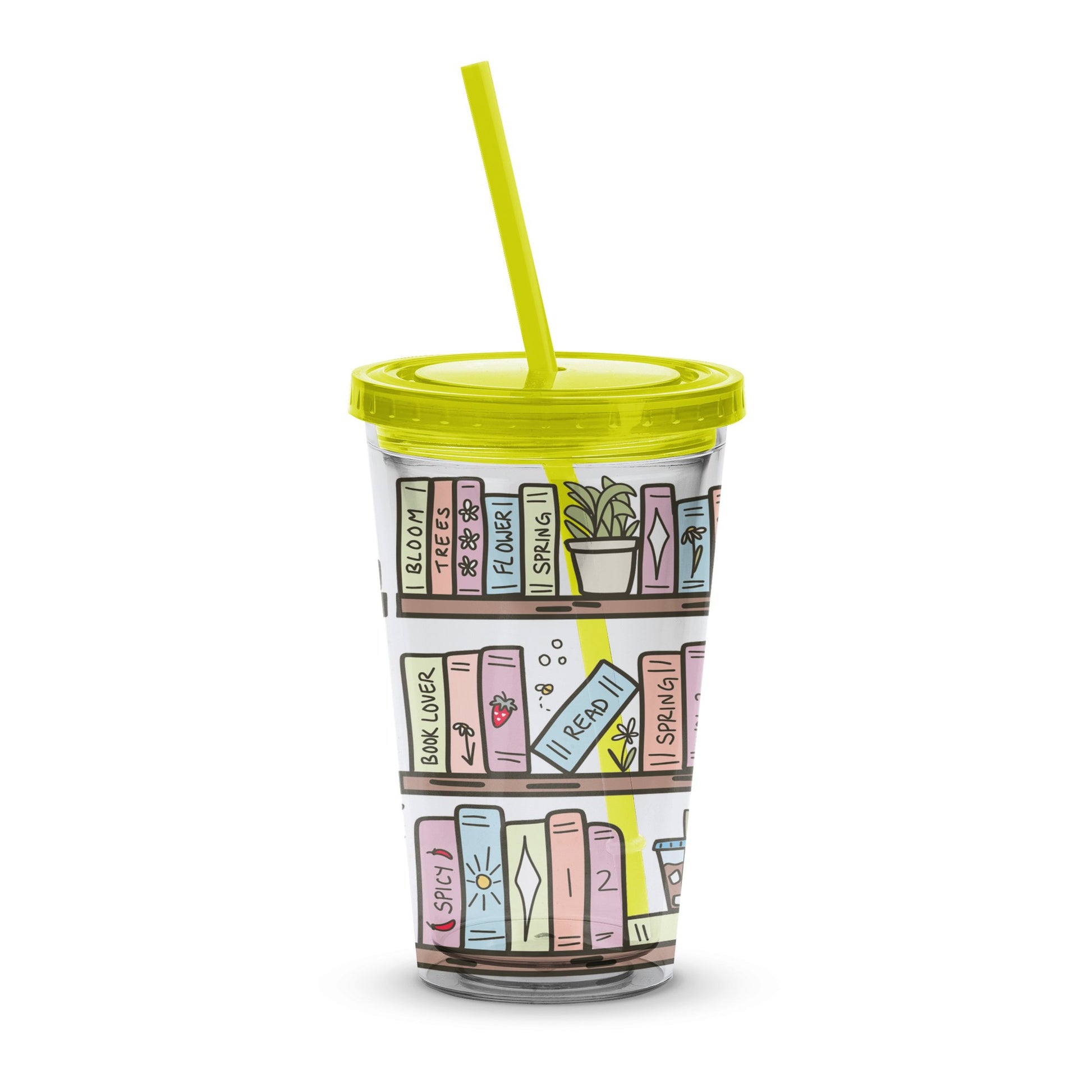 Colorful Bookshelf Design Tumbler, Insulated Travel Cup with Straw, Reusable Drinkware, Book Lover Gift, 16 oz