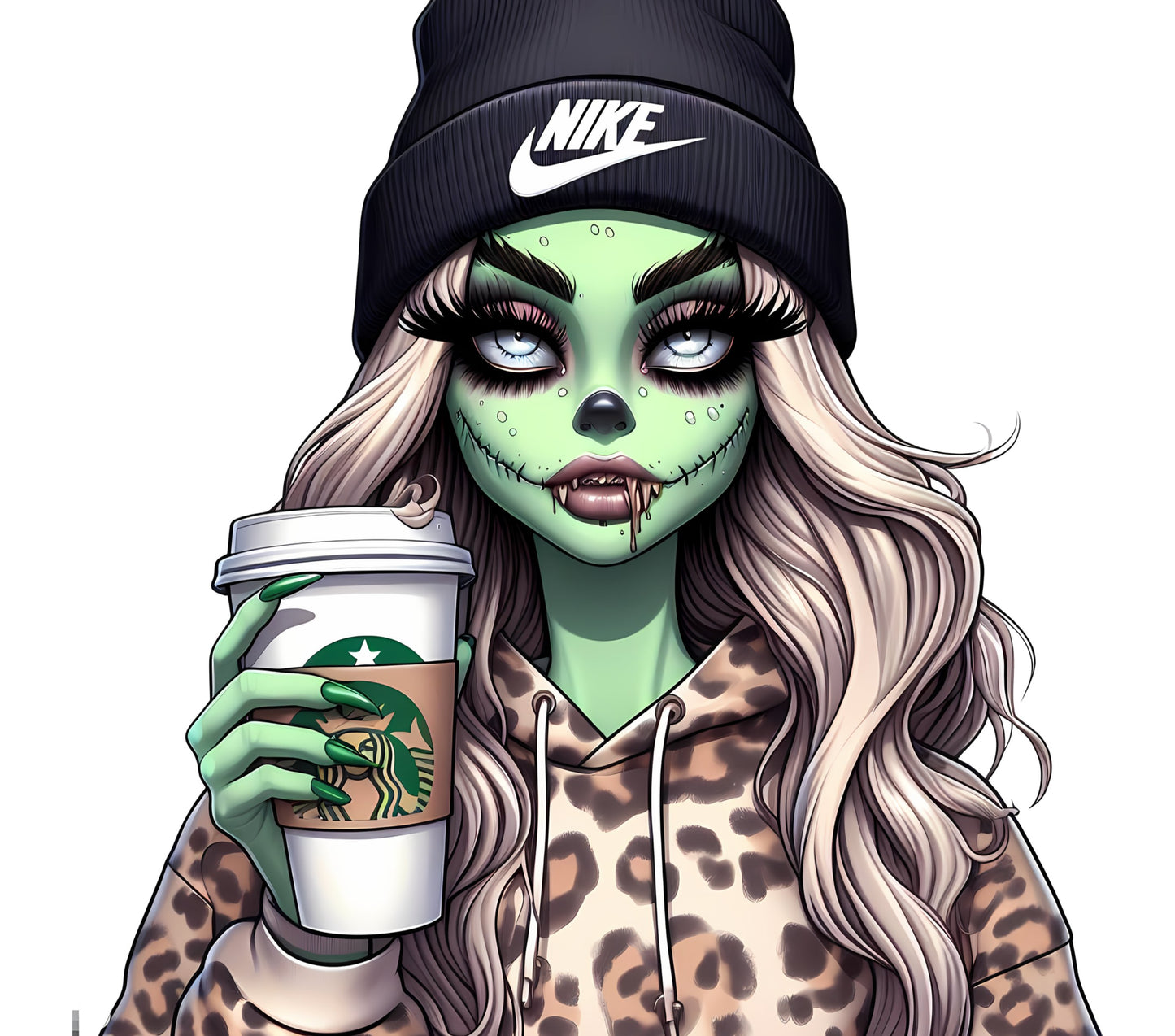 Zombie Girl Holding Coffee Cup, Nike Beanie, Leopard Print Jacket, Green Skin, Fashion Illustration Art Print