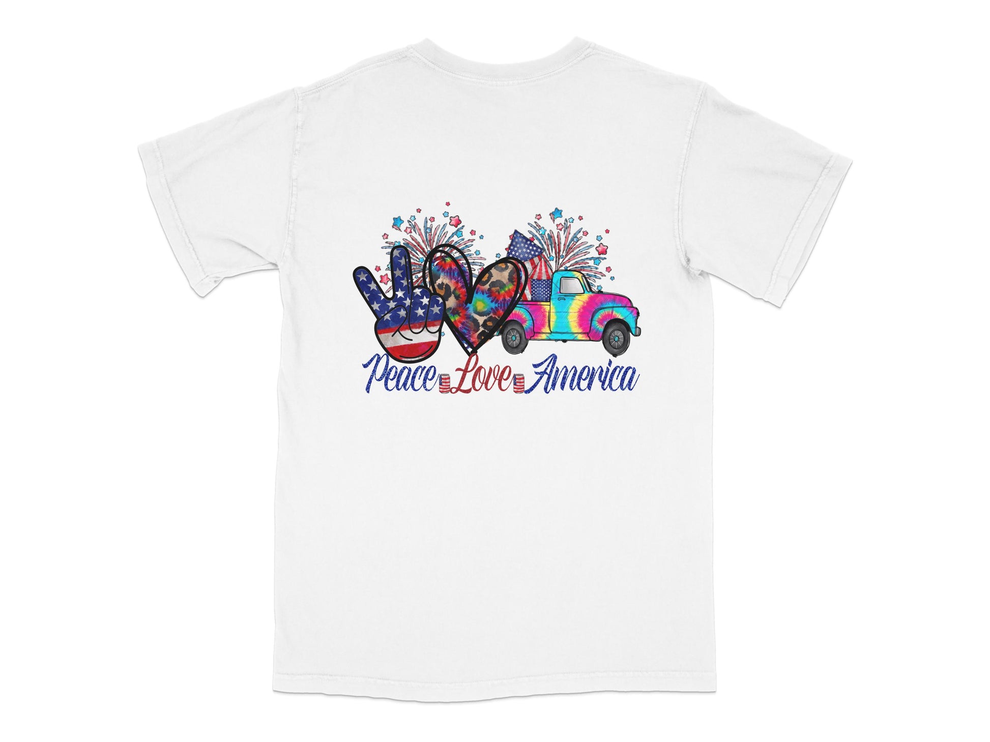 Patriotic T-Shirt, Peace Love America, Colorful Fireworks Graphic, July 4th Celebration Tee, Unisex Adult Clothing