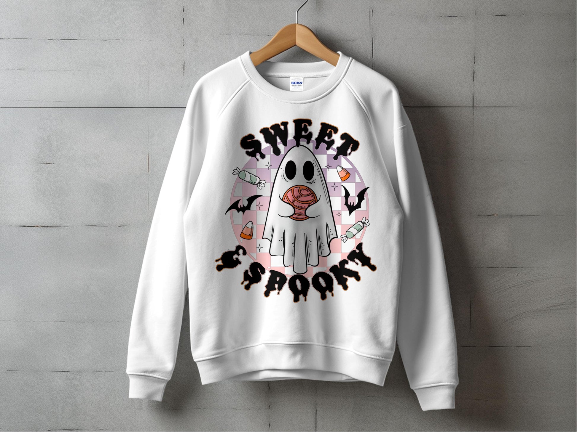 Halloween Ghost Sweatshirt, Spooky Cute Ghost with Candy, Unisex Fall Fashion Pullover, Casual Autumn Apparel