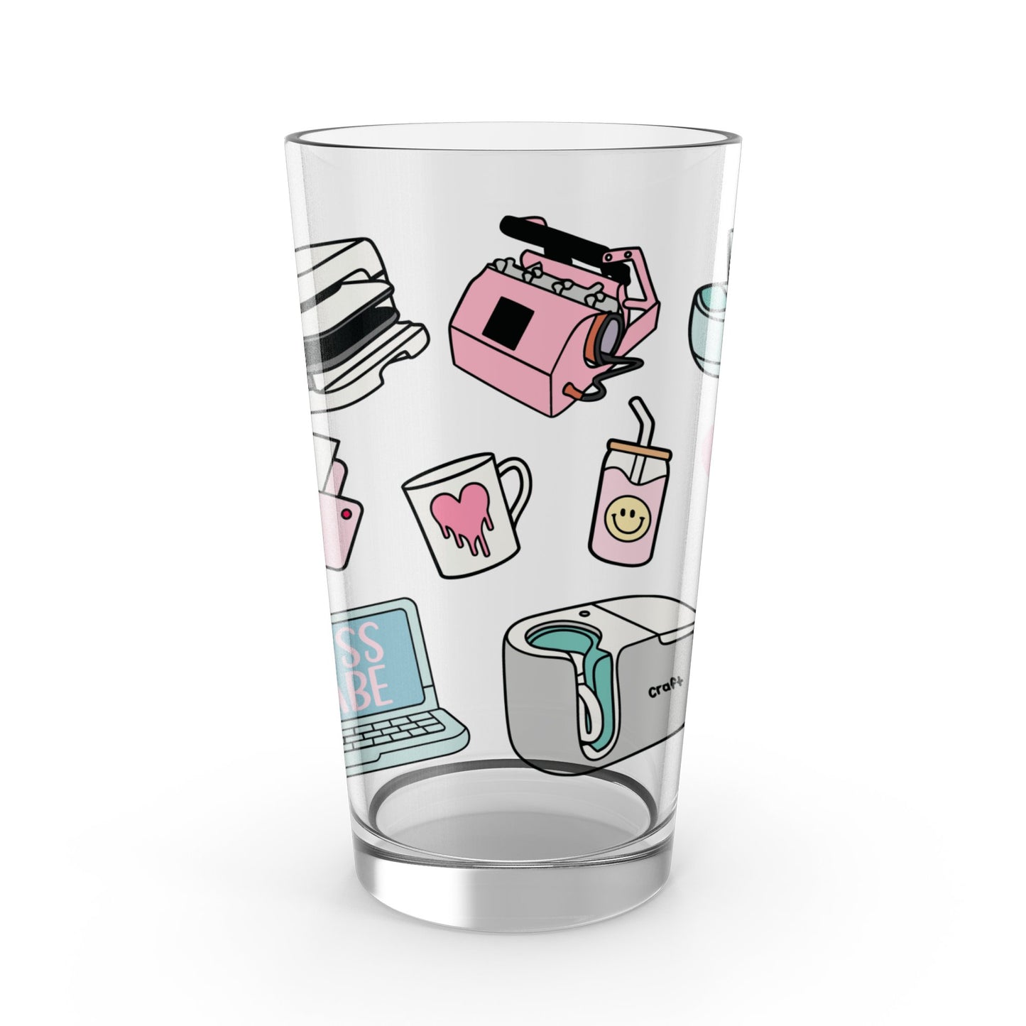 Cute Office Supplies Themed Glass Tumbler, Coffee Mug, Laptop, Camera Print Drinkware