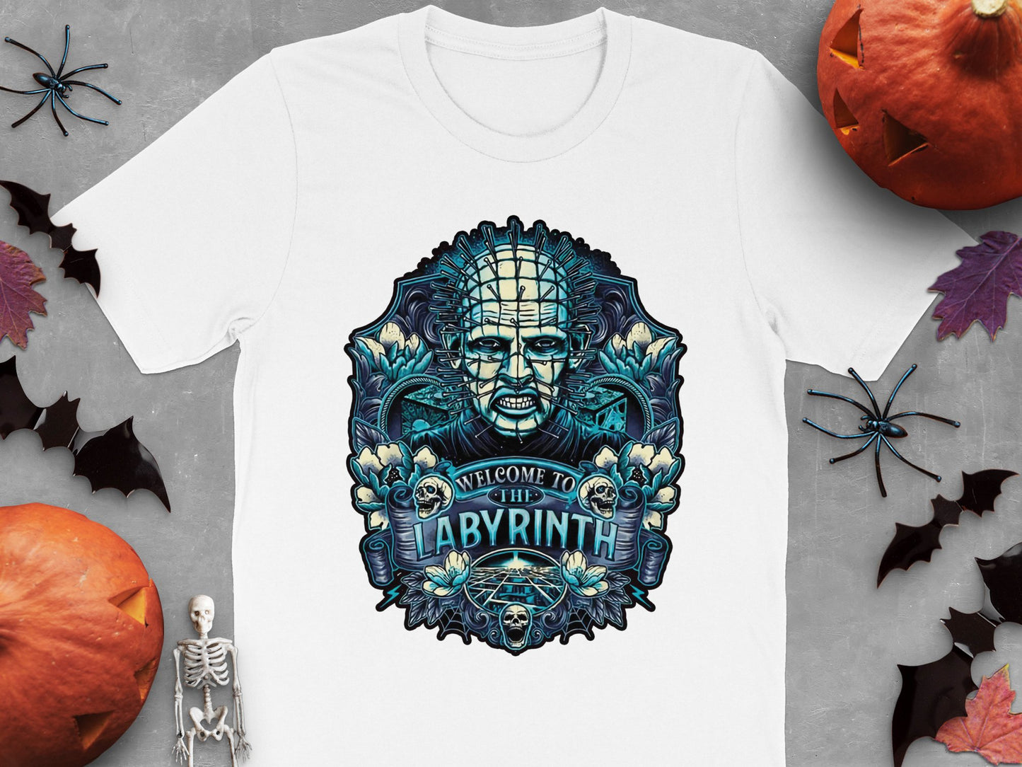 Gothic Labyrinth Skull T-Shirt, Halloween Graphic Tee, Spooky Horror Skeleton, Unisex Adult Clothing