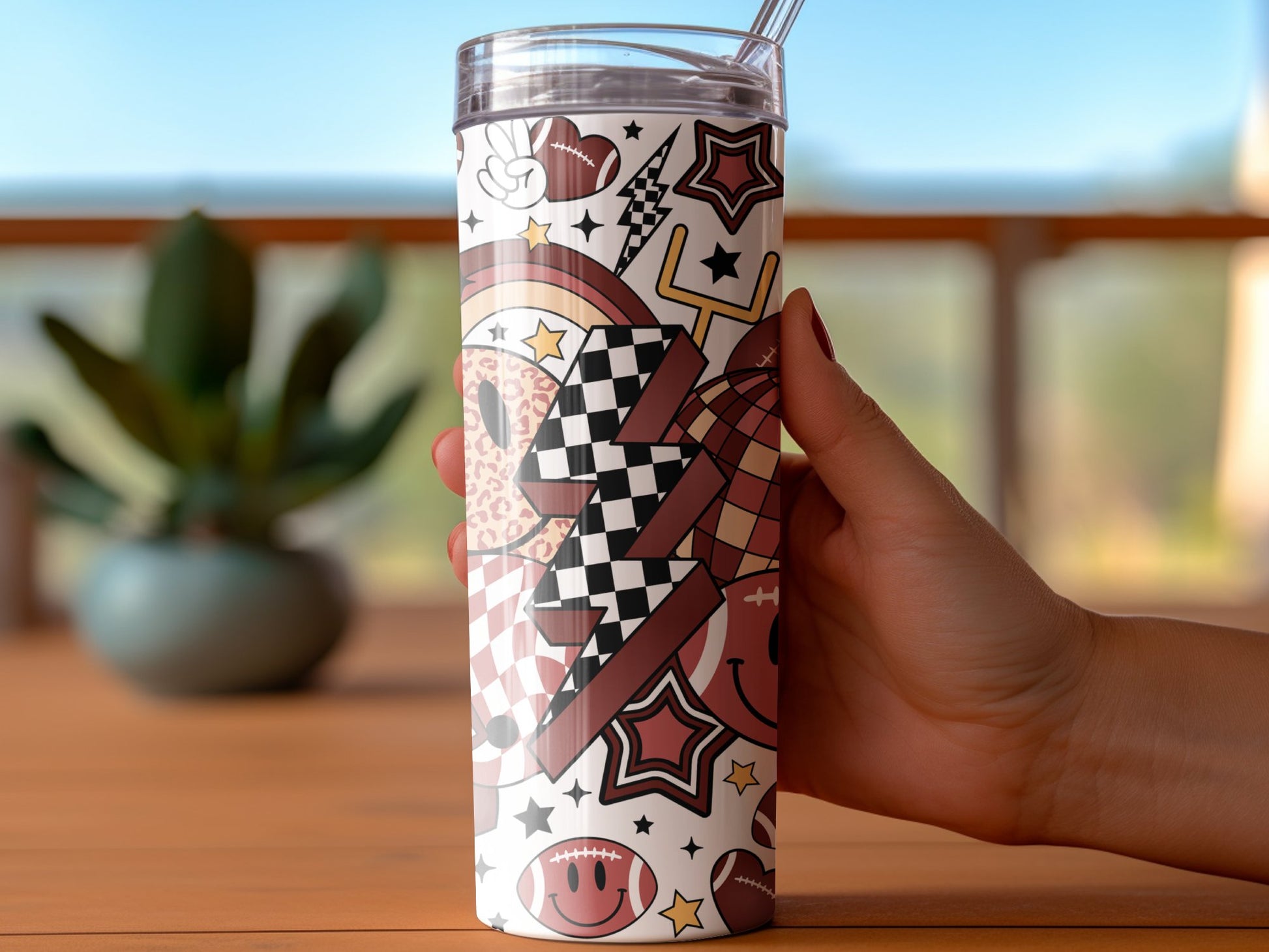 Funky Checkerboard and Stars Reusable Tumbler, Cute Pink Travel Cup, Trendy Beverage Holder, Gift Idea