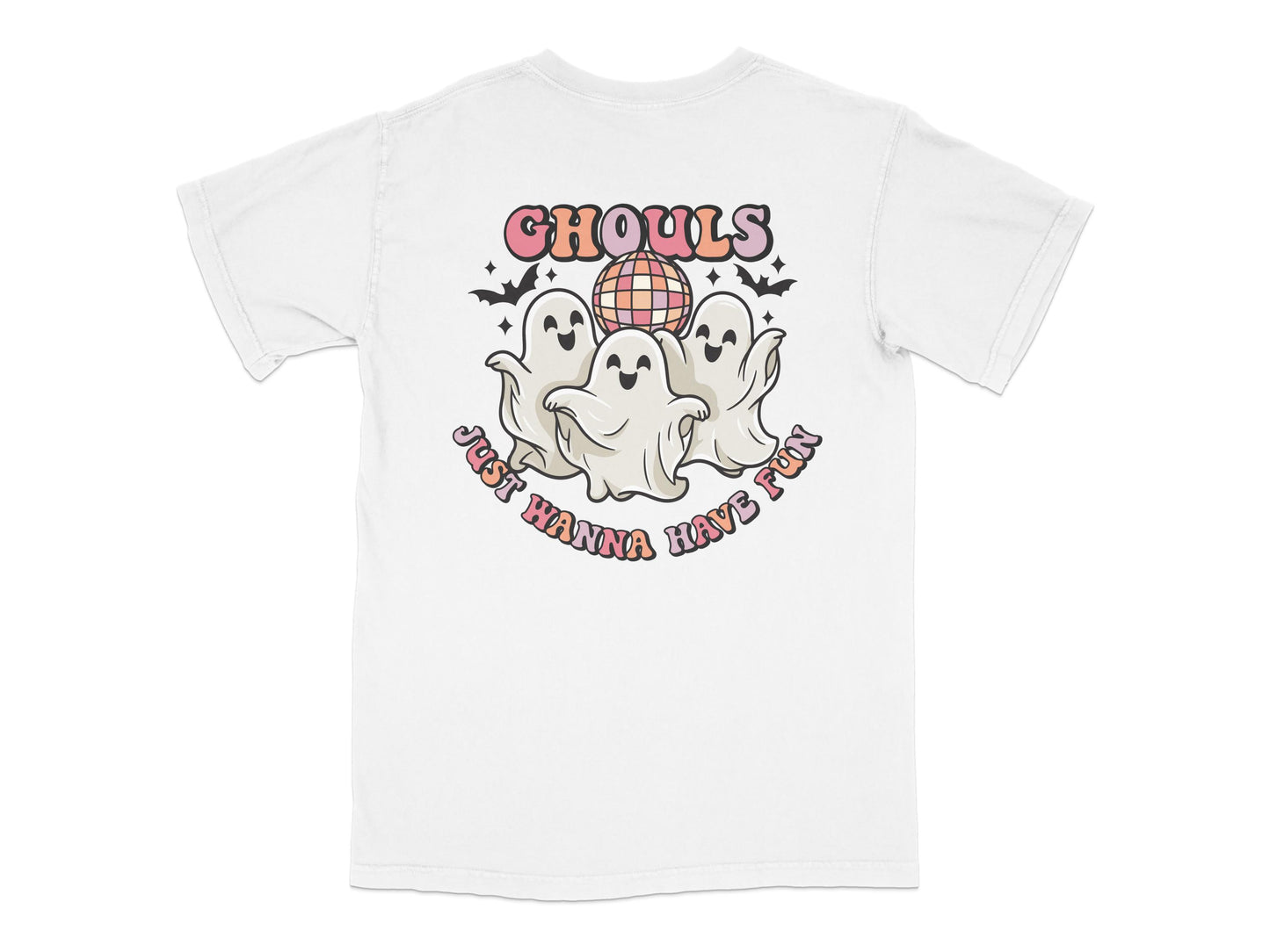 Cute Ghosts Dancing Disco Ball T-Shirt, Spooky Fun Graphic Tee, Halloween Party Casual Wear