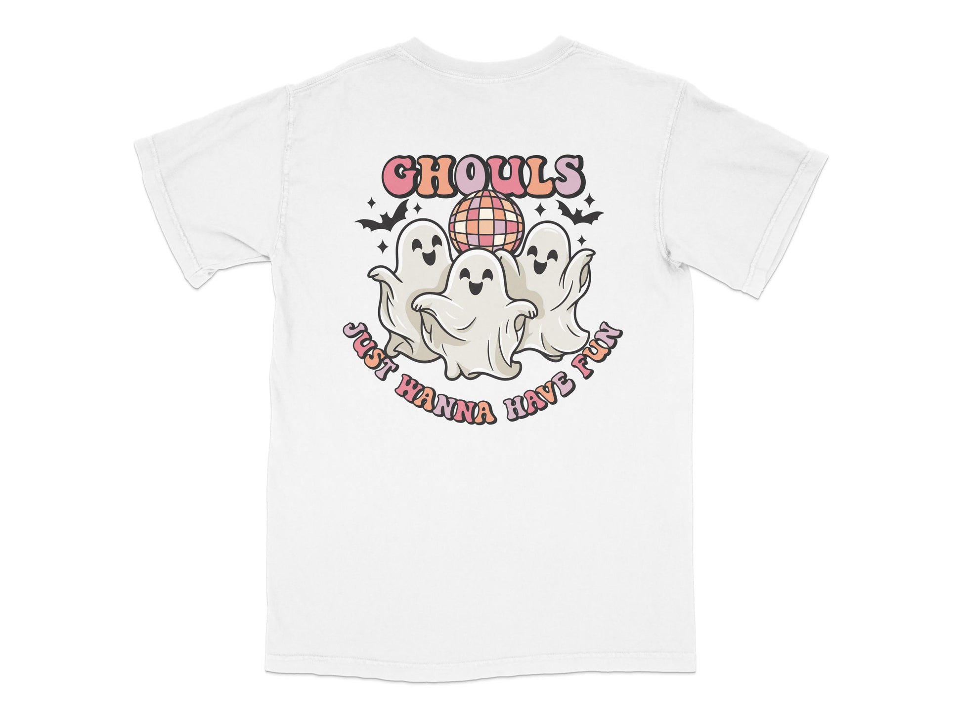 Cute Ghosts Dancing Disco Ball T-Shirt, Spooky Fun Graphic Tee, Halloween Party Casual Wear