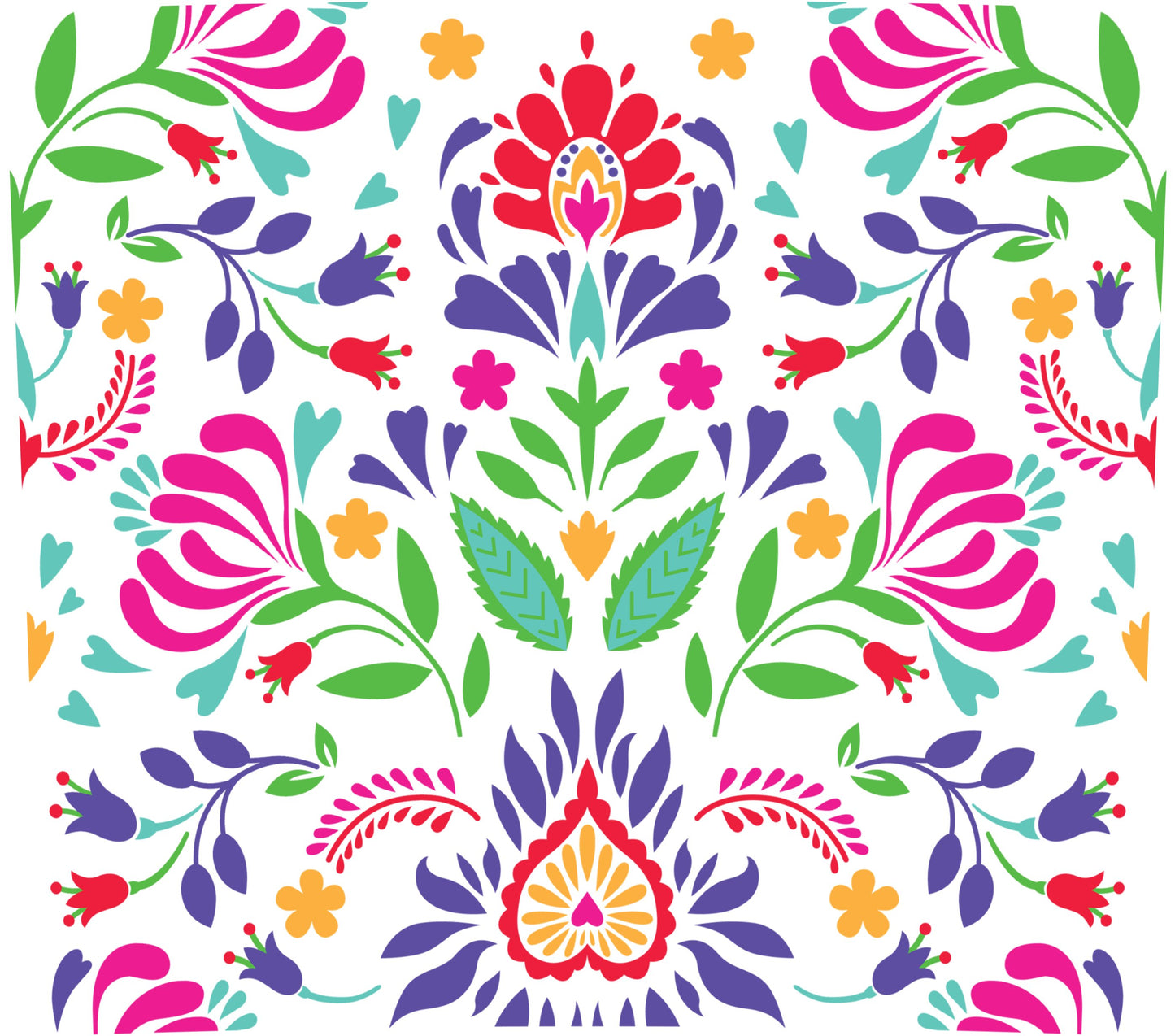 Colorful Floral Pattern Fabric, Bright Symmetrical Flower Print, Vibrant Textile Design for Crafts and Apparel