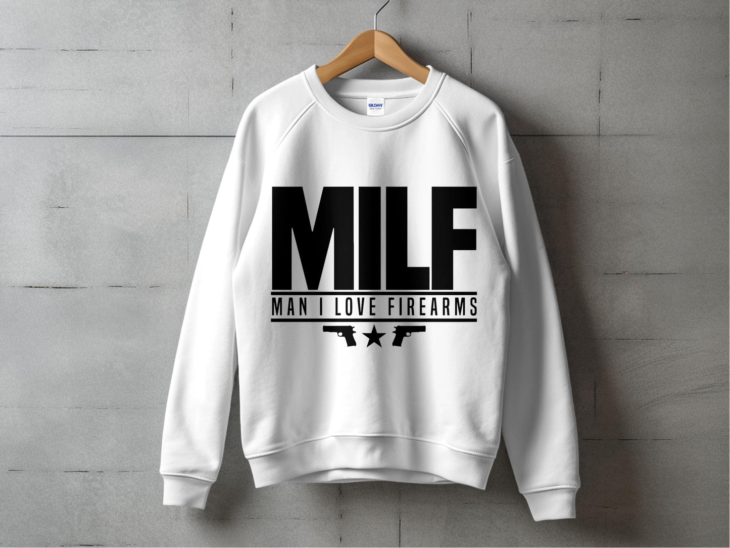 Men's White MILF Sweatshirt, Man I Love Firearms, Funny Gun Lover Pullover, Casual Cool Graphic Sweatshirt