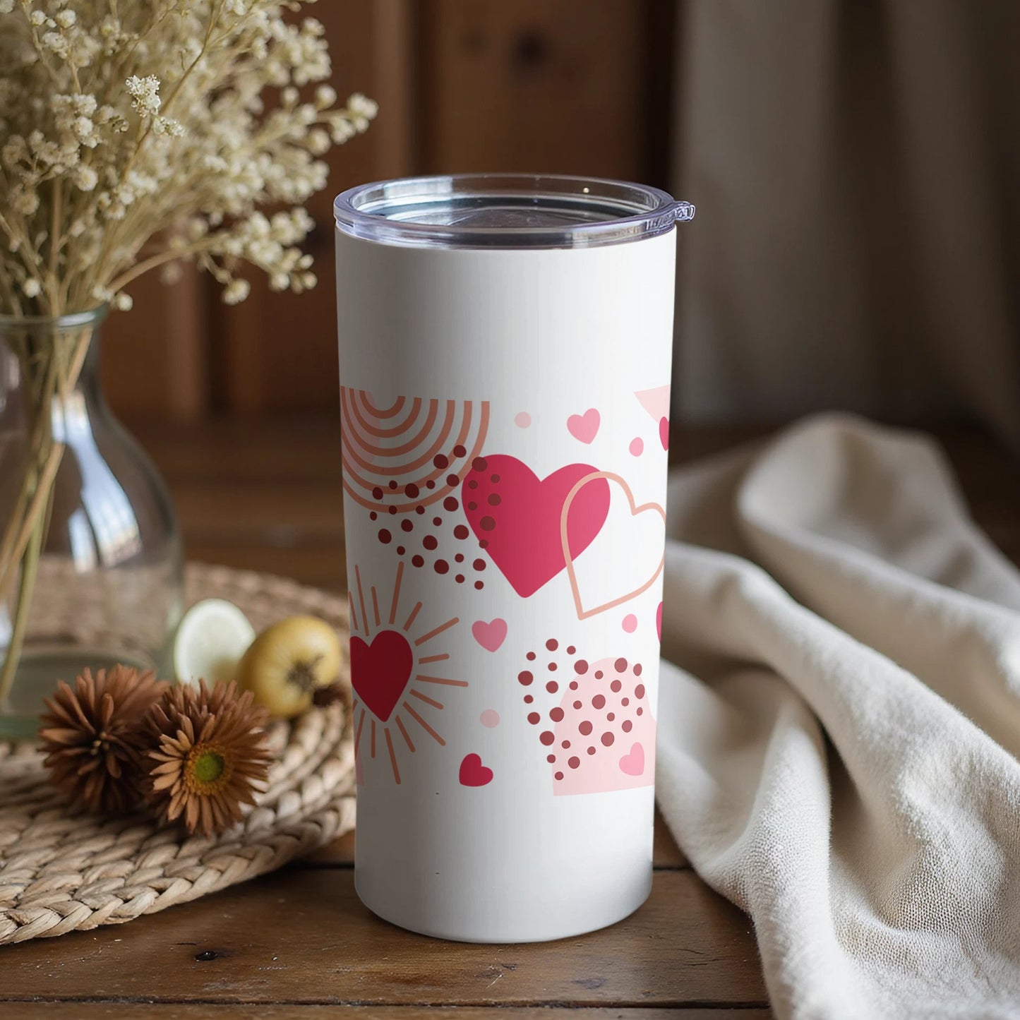 Insulated Travel Mug with Red Hearts and Abstract Patterns, Perfect Gift for Valentine's Day, Love Theme Drinkware