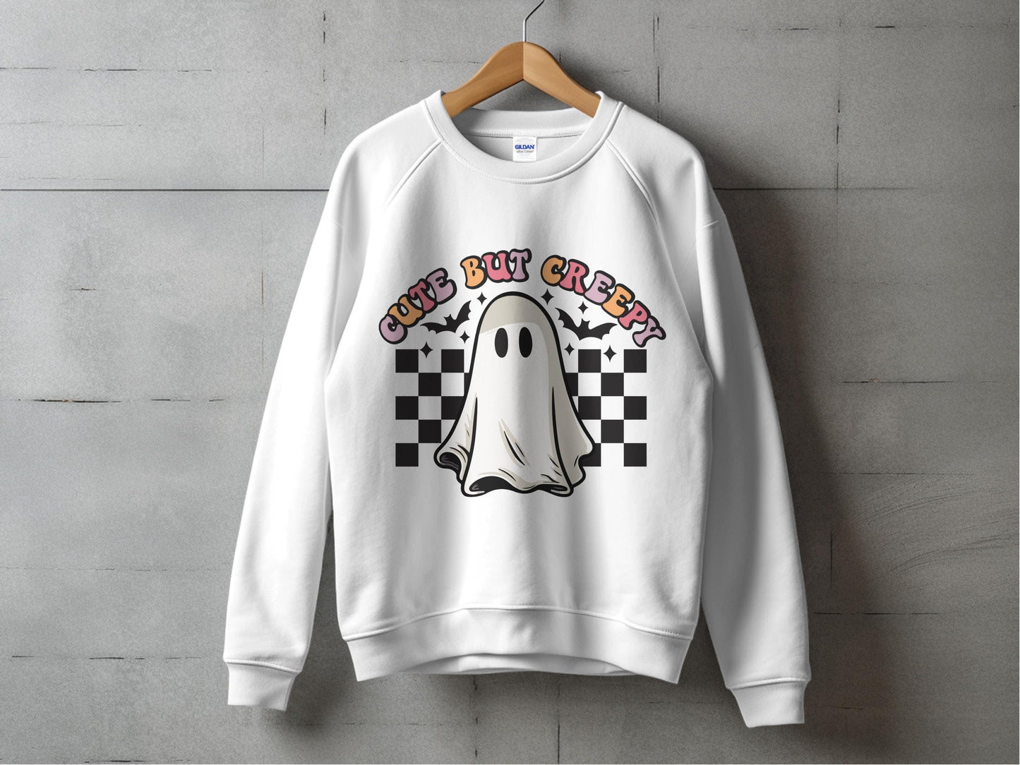 Cute But Creepy Ghost Sweatshirt, Checkerboard Halloween Casual Pullover, Unisex Ghost Graphic Sweater