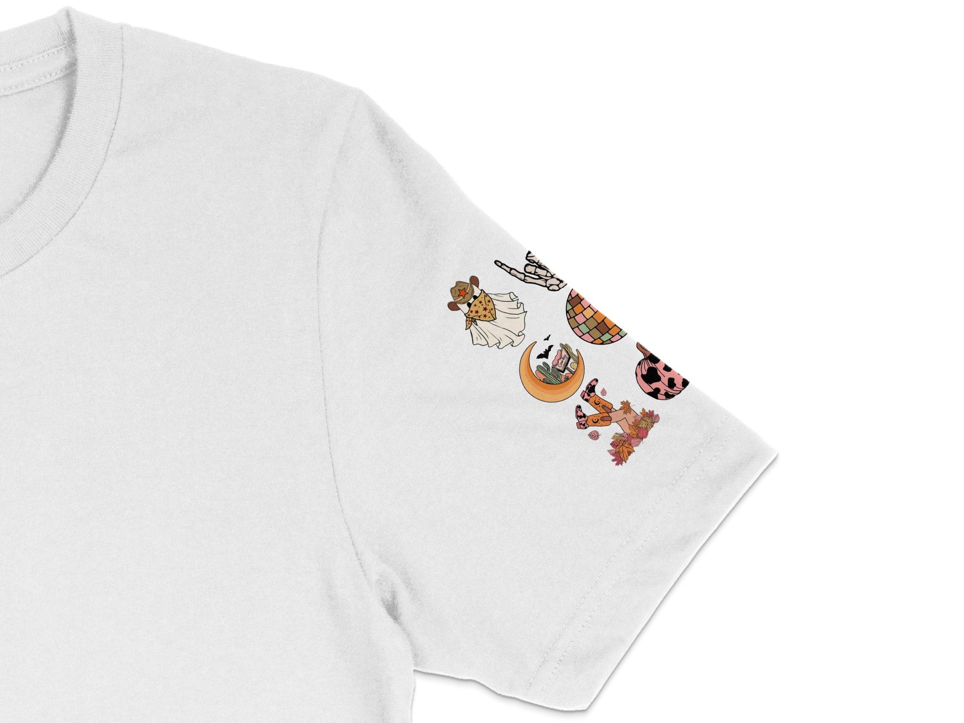 White T-Shirt with Cute Autumn Stickers Design, Casual Fall Fashion, Unisex Graphic Tee
