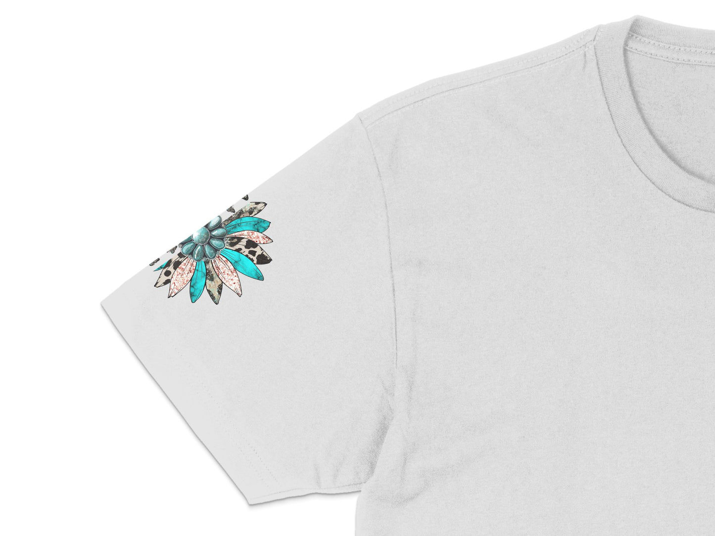 Bohemian Turquoise Flower Graphic T-Shirt, Women's Casual Floral Tee, Soft Cotton Top, Trendy Summer Apparel, Unique Botanical Design